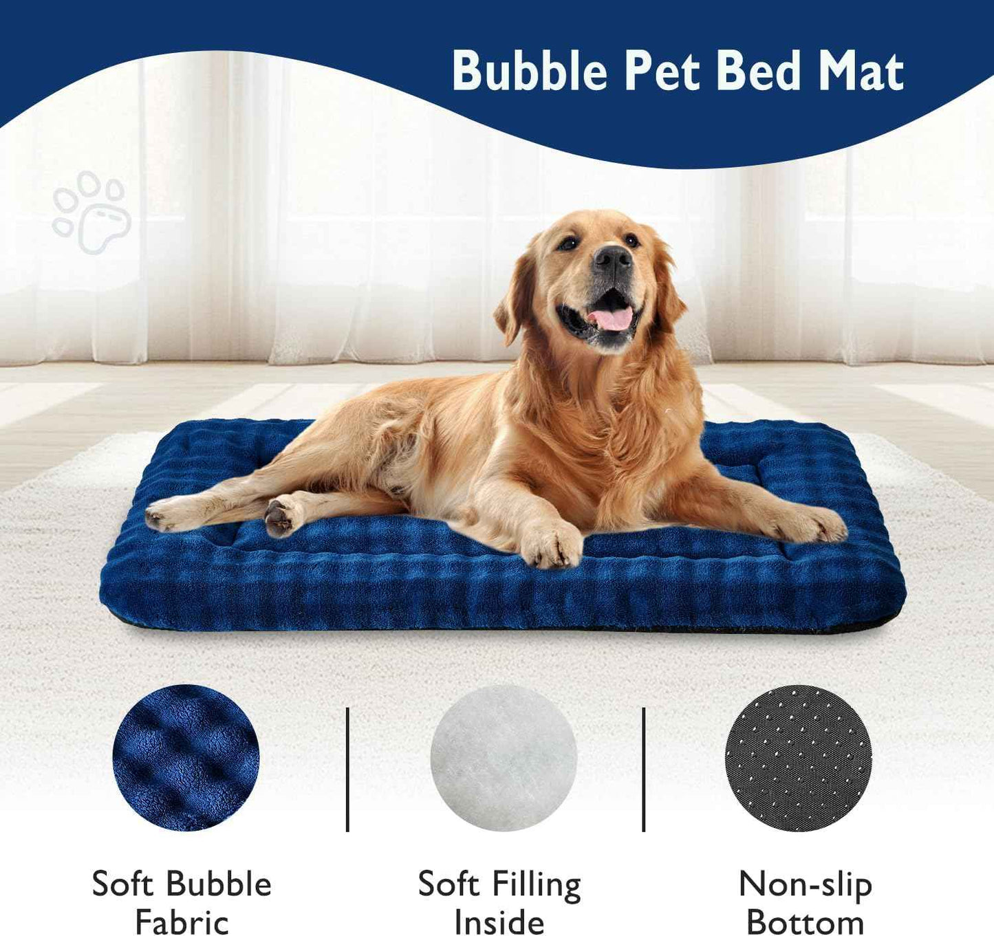 Dog Bed Mat Crate Pad for Large Dogs, Washable Soft Pet Sleeping Mat Kennel Pad with 3D Bubble Pattern, Navy Blue, 42"x 28"