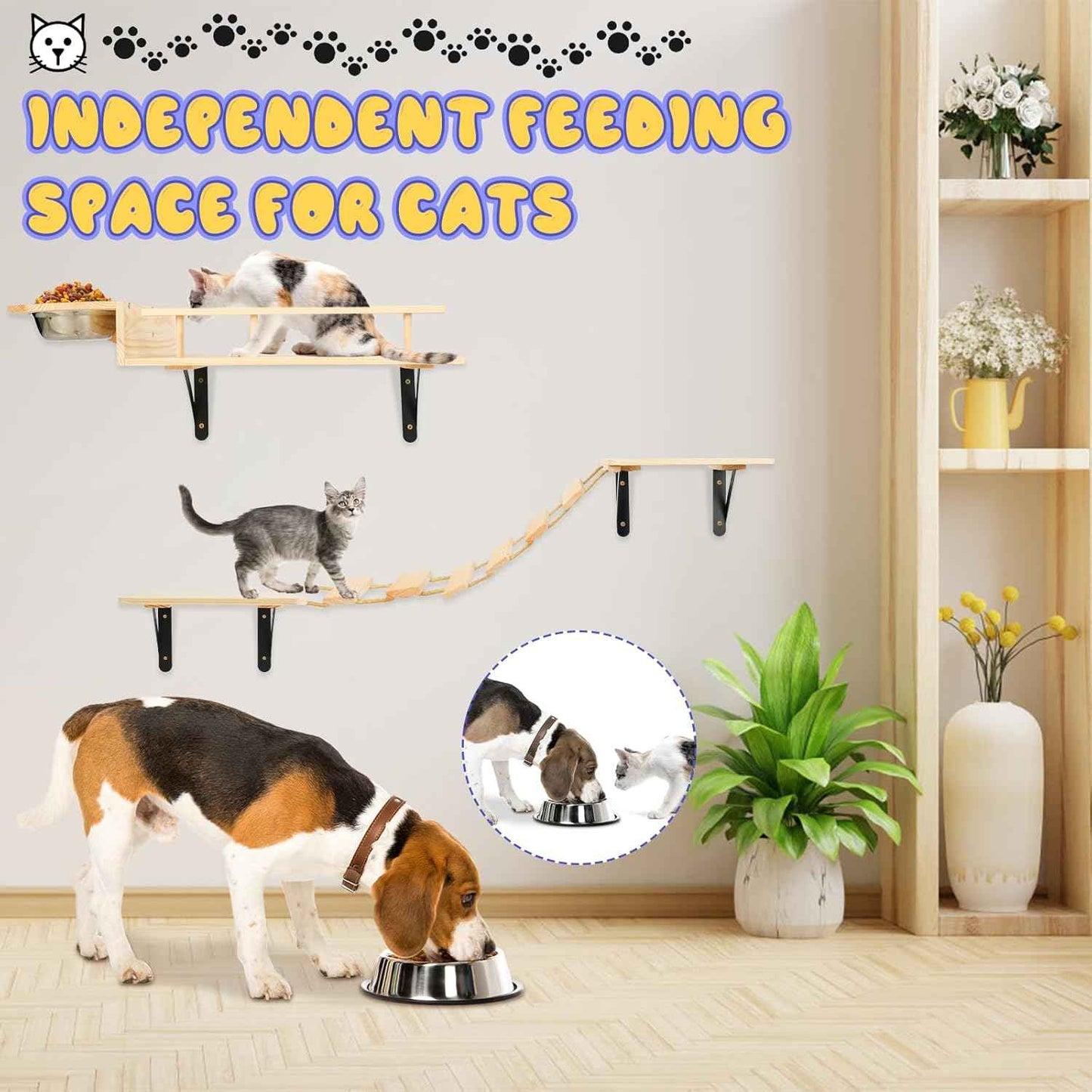 TIMIEEYA Cat Wall Shelves - Stable & Safe 5 in 1 Cat Walls Furniture Set, Wooden Kitten Climbing Wall with Bridge Ladder & Wall Steps