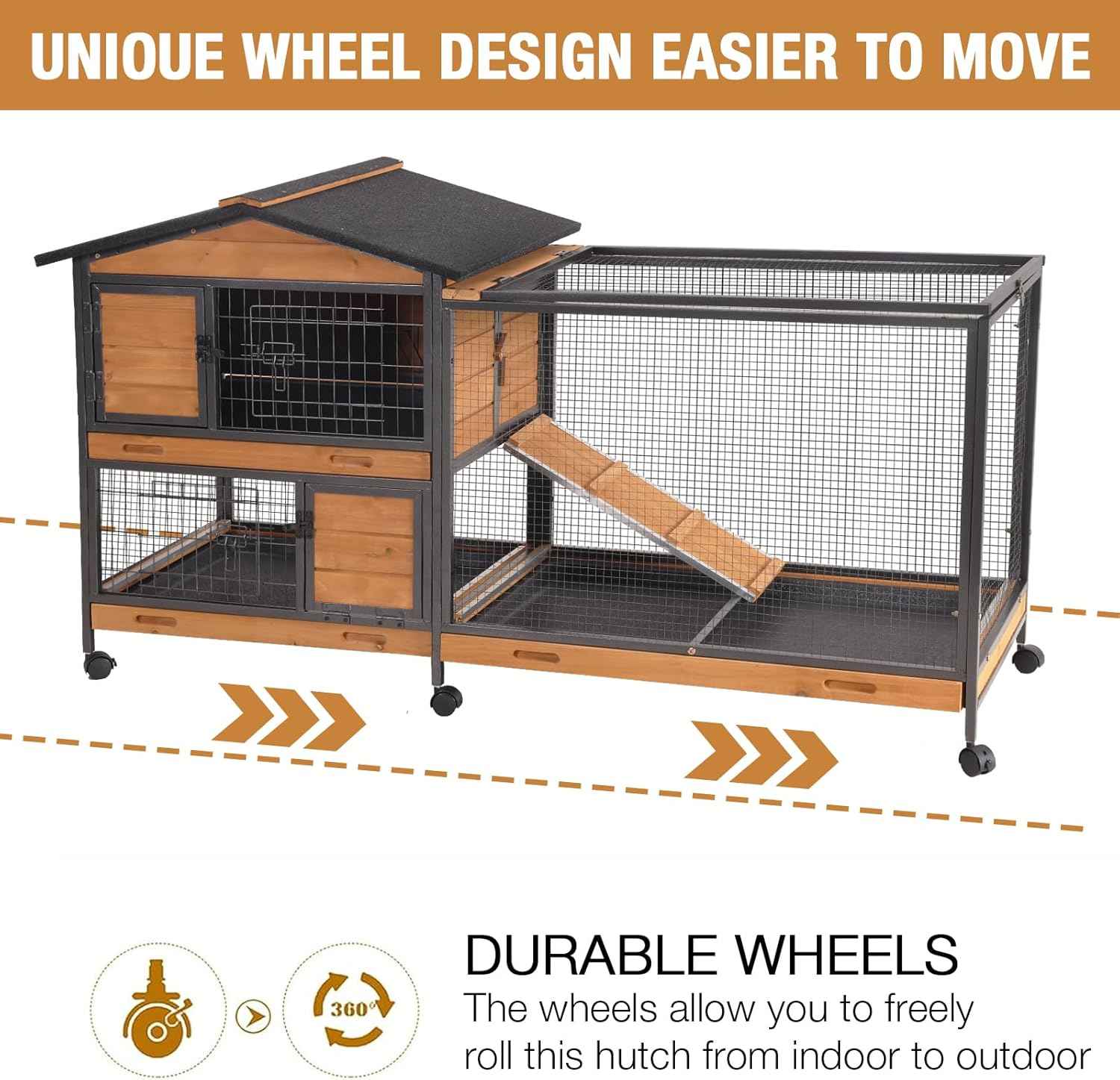 Rabbit Hutch Bunny Cage Indoor, Rabbit Cages on Wheel Guinea Pig Cage with 3 Trays- Upgraded Metal Frame