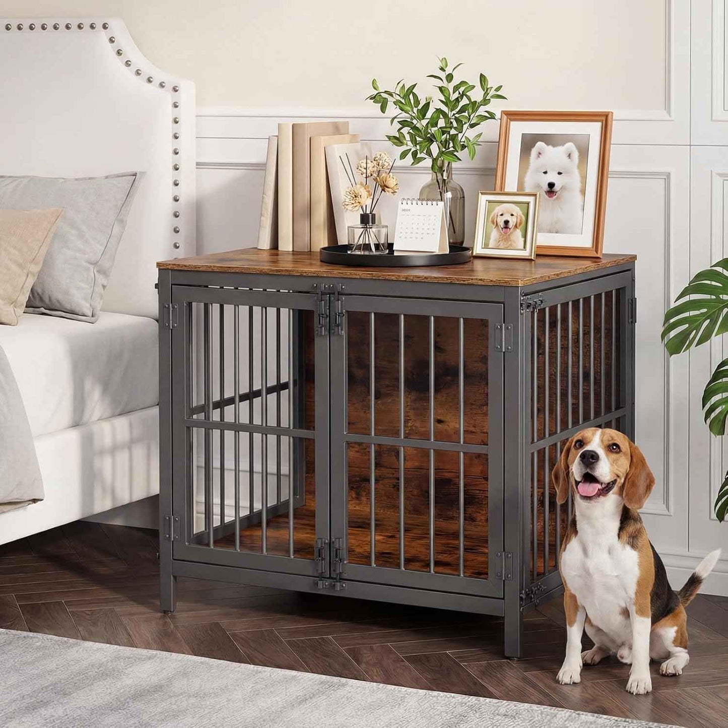 HOOBRO Heavy Duty Dog Crate Furniture, 31.5" Wooden Indoor Kennel with 3 Doors, Chew Resistant Metal Cage for Small and Medium Breeds, Dog Crate Side Table, Black and Rustic Brown BF81GW03