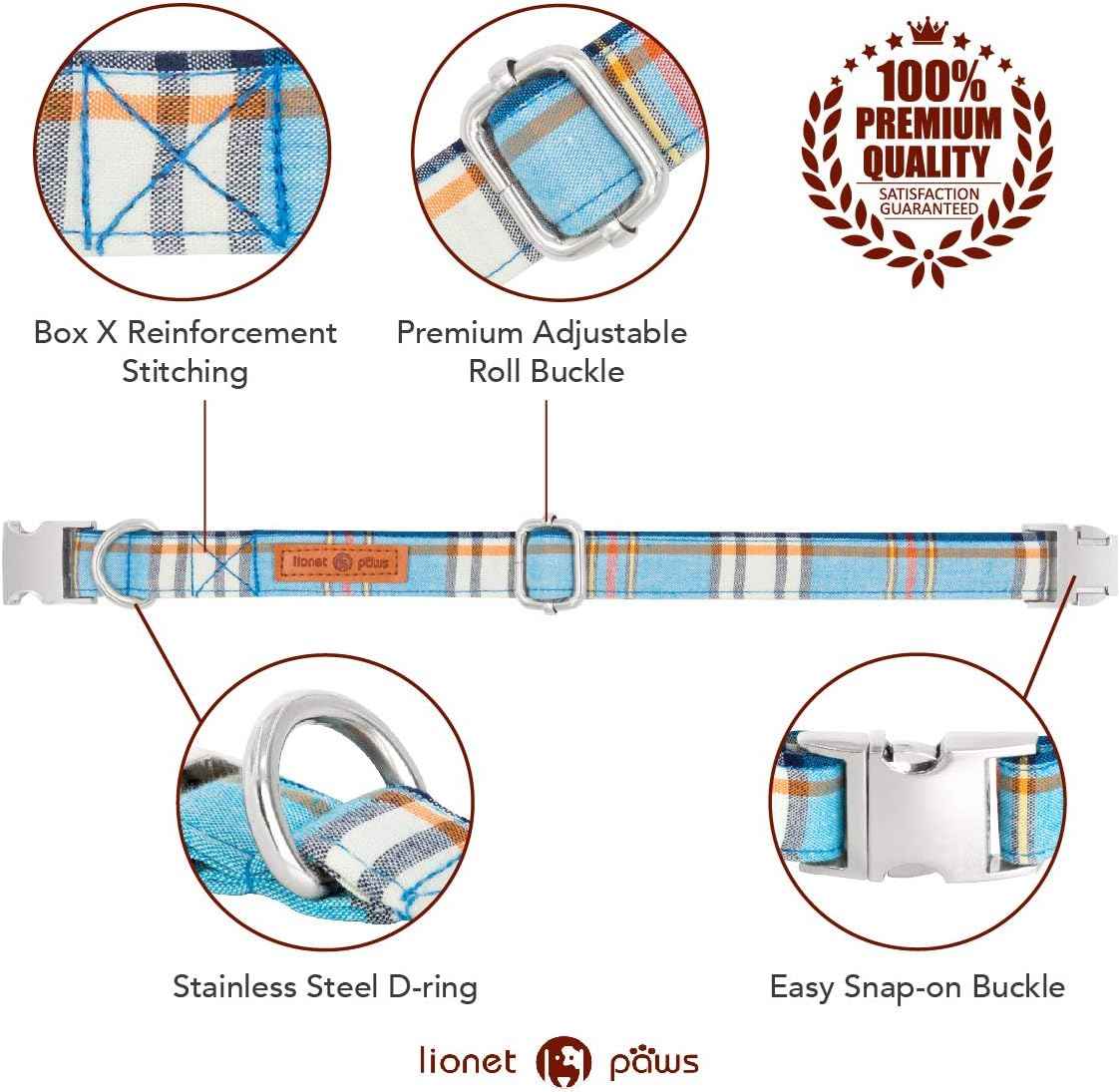 Lionet Paws Boy Dog Collar with Bowtie, Comfortable Adjustable Cute Blue Plaid Bow Tie Collar for Male Dogs Gift, XLarge, Neck 16-26 inches