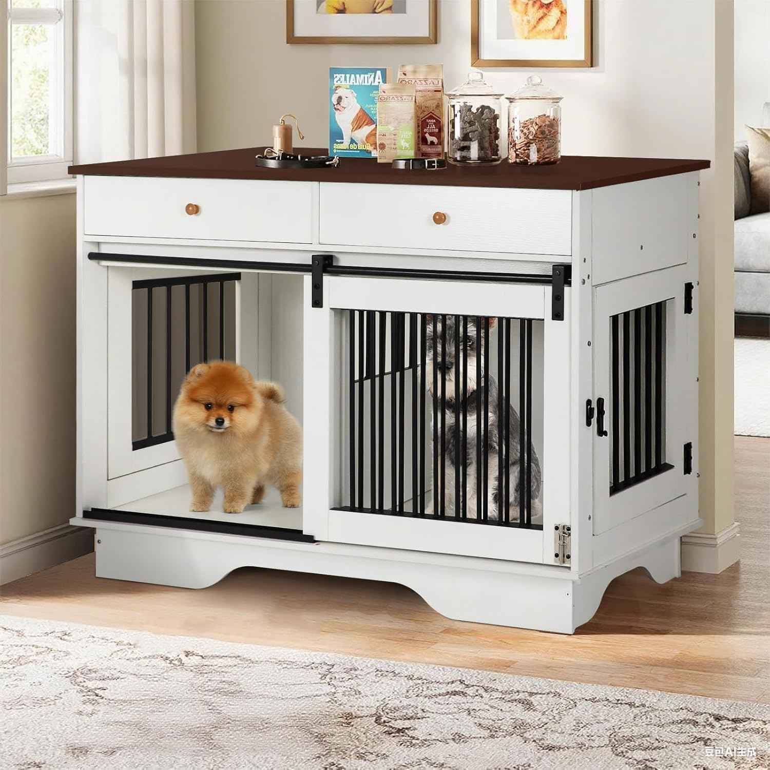 Double Dog Crate Furniture - Farmhouse Style Dog Kennel with Storage Drawers, 47.2" End Table Dog Cage, Removable Divider for 2 Small/Medium Dogs or 1 Large Dog Indoor Use for Living Room