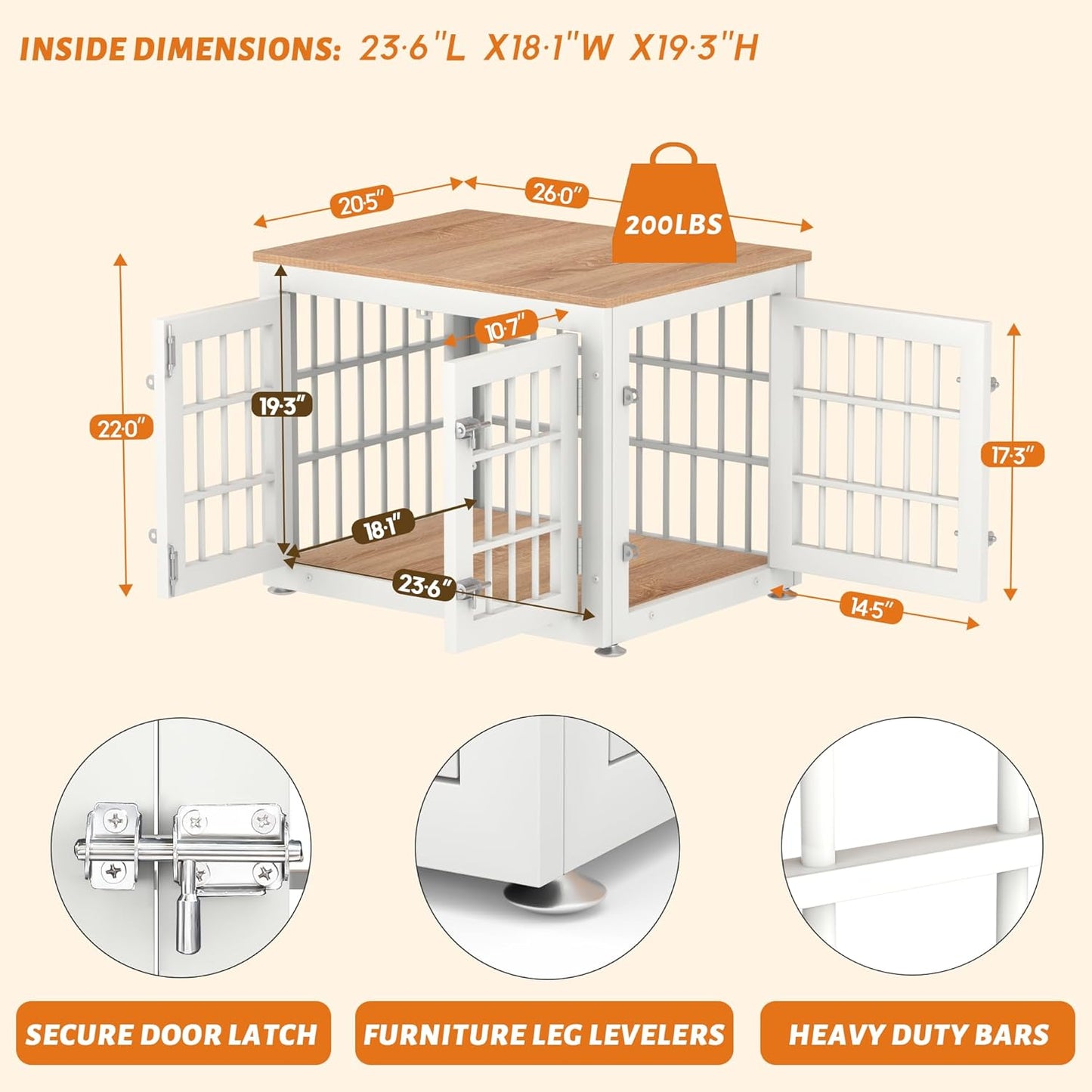 26 Inch Heavy Duty Dog Crate Furniture for Small Dogs, Decorative Pet House End Table, Wooden Cage Kennel Furniture Indoor, White and Natural
