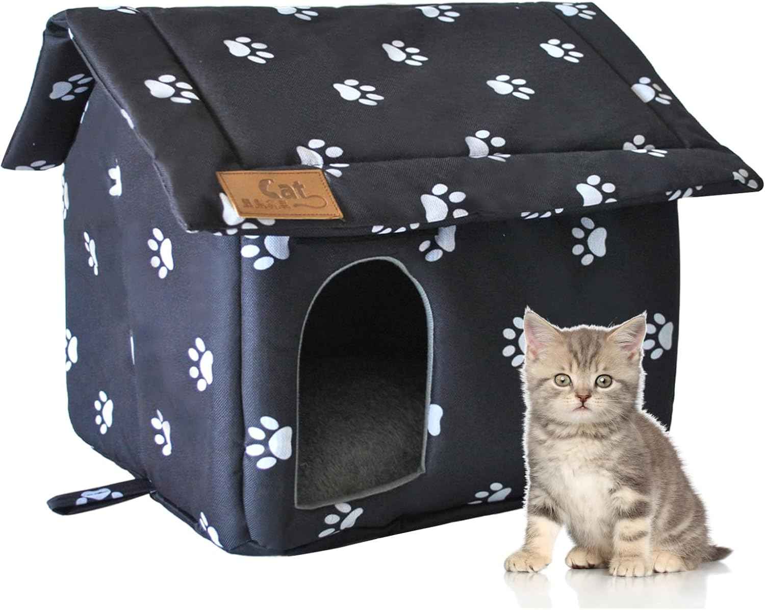 Cat House for Outdoor,Weatherproof Warm Feral Cats Shelter Outside/Indoor Collapsible Insulated Pet Houses Foldable Stray Cat Tent Cave for Kitty Puppy Small Animals Four Season(Black)