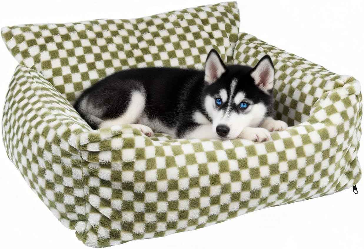 Dog Beds for Small Medium Dogs, Washable Soft Fleece Dog Bed with Removable Cover, Puppy Sofa Bed with Anti-Slip Bottom, Pet Sleeping Bed for Indoor Cats & Dogs Under 23 lbs (Grid Breen)