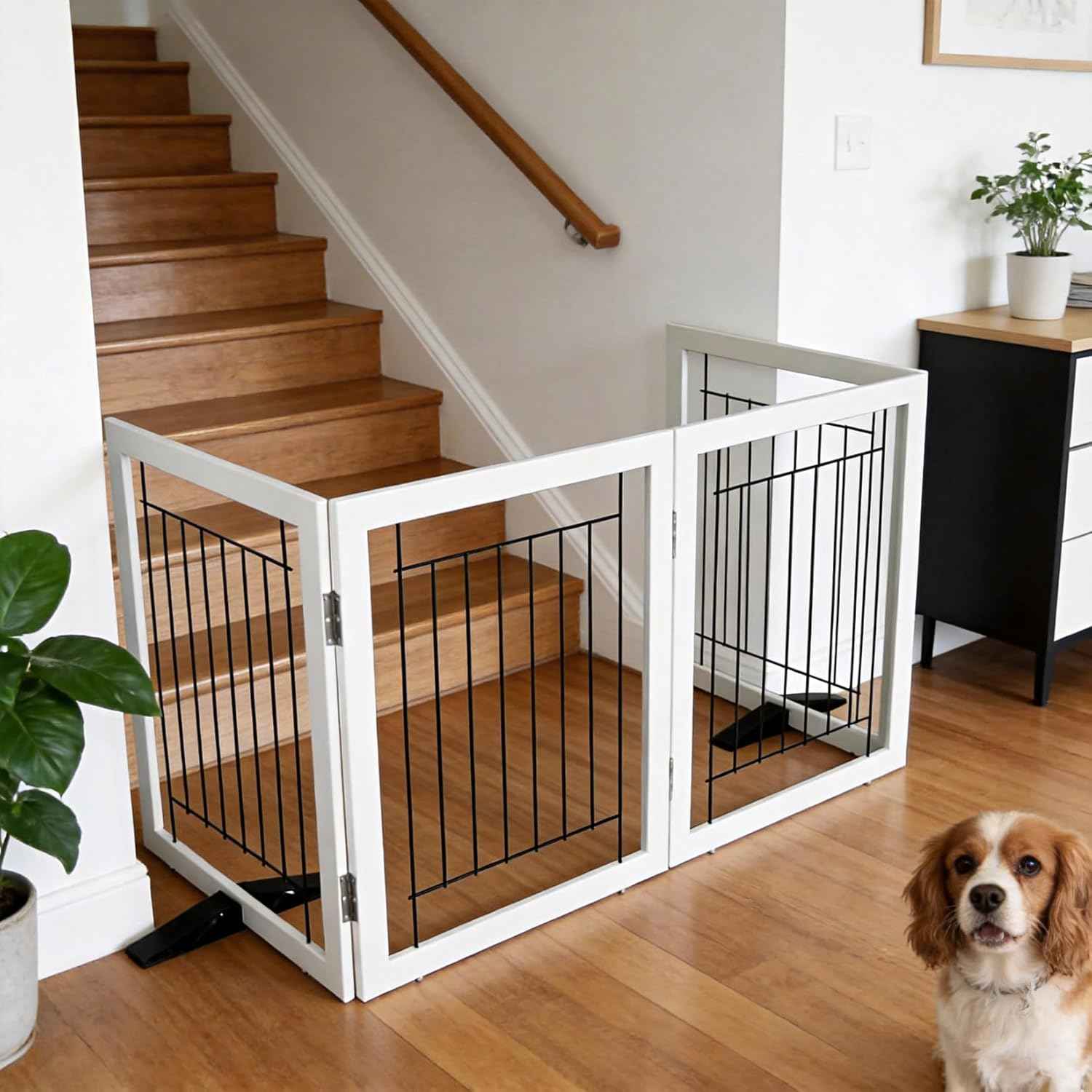 ZJSF Freestanding Dog Gate Indoor, Foldable Dog Fence for Doorways,Hallways or Stairs, Sturdy Wood Extra Wide Pet Gate with Support Feet,White,32 "Height-6 Panels