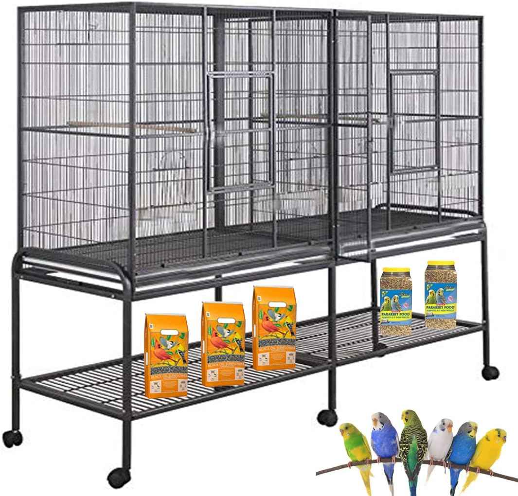 Extra Large Double Birdhouse Treehouse Bird Flight Parrot Center Divider Cage Feeder Doors Side Breeding Doors Easy Clean Pull Out Tray with Detachable Rolling Stand