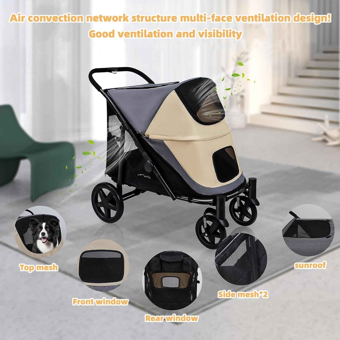One-Click Folding Dog Stroller for 2 Dogs - 4 Wheel Jogger with Storage Pocket - Suitable for Pets Up to 110LBS (Beige & Grey)