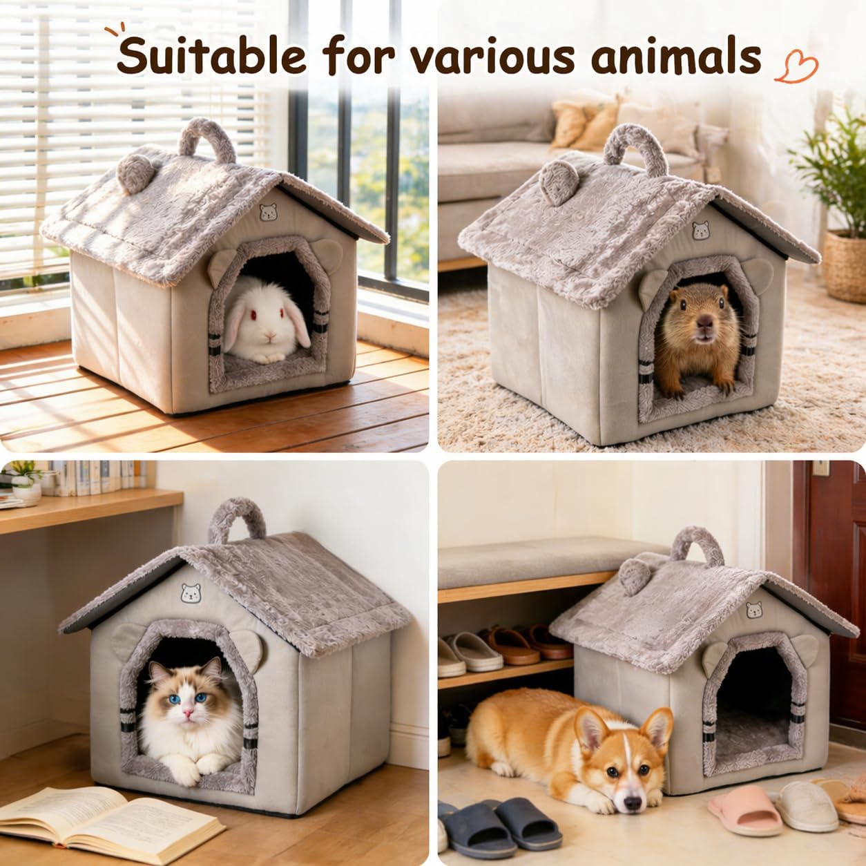 Cat Bed for Indoor Cats, Cartoon Pattern Cat Cave Bed with Handle Design, Soft Cat Hideaway Indoor, Lovely Cat House for Kitten, Puppy & Small Pets (M)
