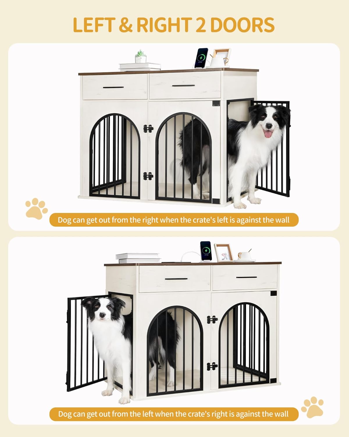 Hzuaneri 39.4'' Large Dog Crate Furniture with 2 Storage Drawers, Heavy Duty Dog Kennel Indoor with Charging Station, Wooden Dog Cage End Table Kennel for Medium/Large Dogs, White Brown DFC84214B