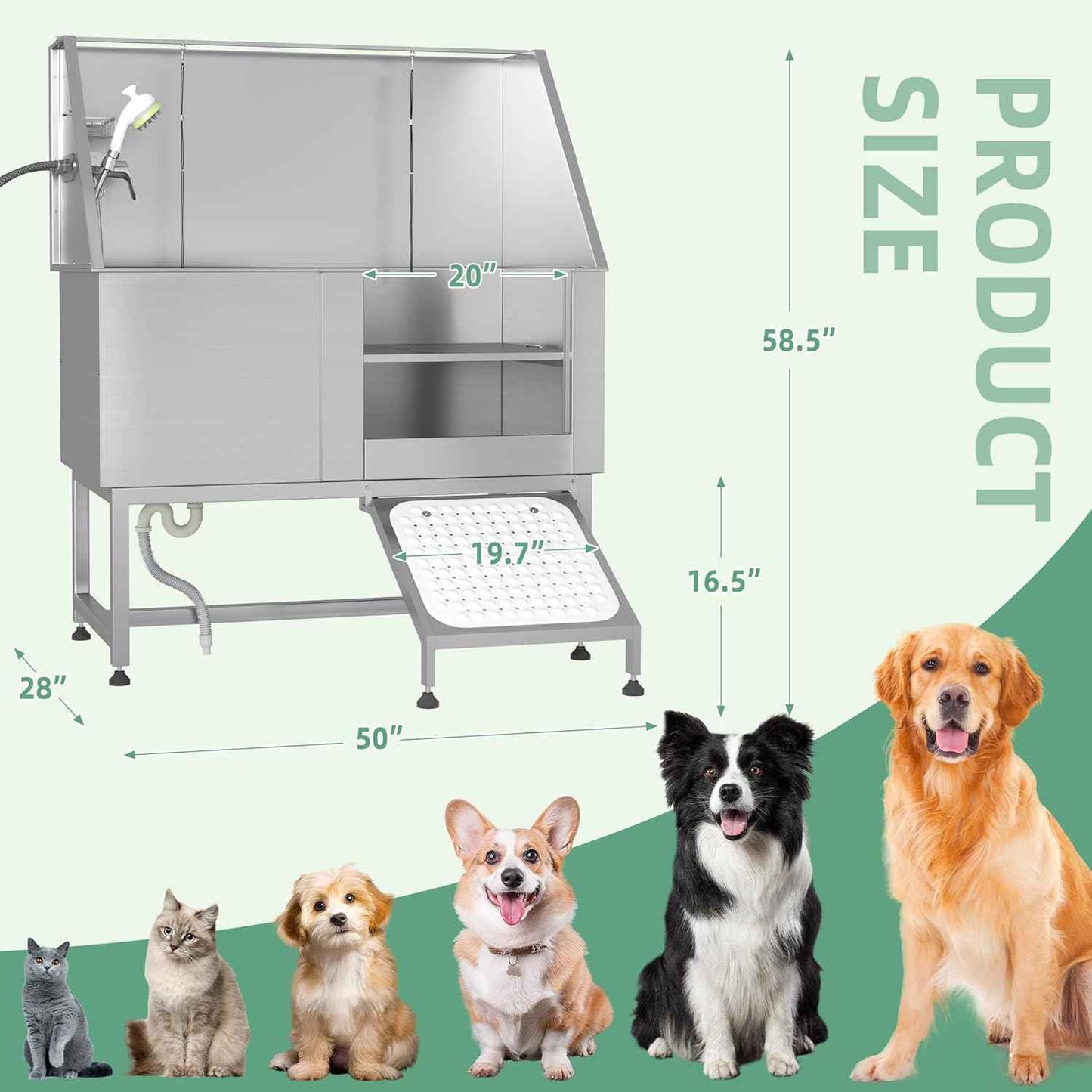 Professional Stainless Steel Dog Washing Station for Large, Medium, and Small Dogs, Height Adjustable Dog Bathtub with Ramp, Pet Grooming Bath Tub for Indoor Outdoor, Right Door
