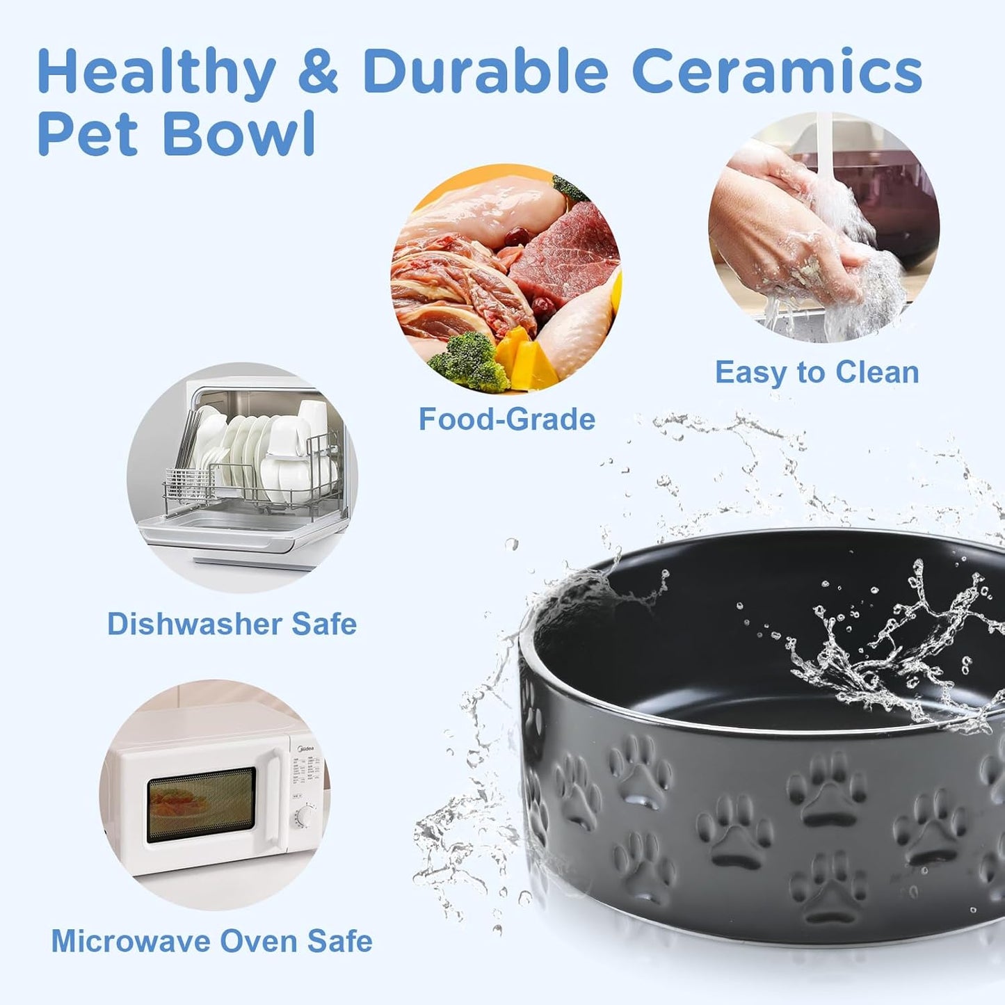 SPUNKYJUNKY Ceramic Dog and Cat Bowls 2 Pack, 5.1'' Dog and Cat Food Water Double Feeding Bowls Non-Slip for Cats and Puppy Small Sized Breed Dogs Microwave Dishwasher Safe - 13.5 OZ, 2pcs, Paw Black