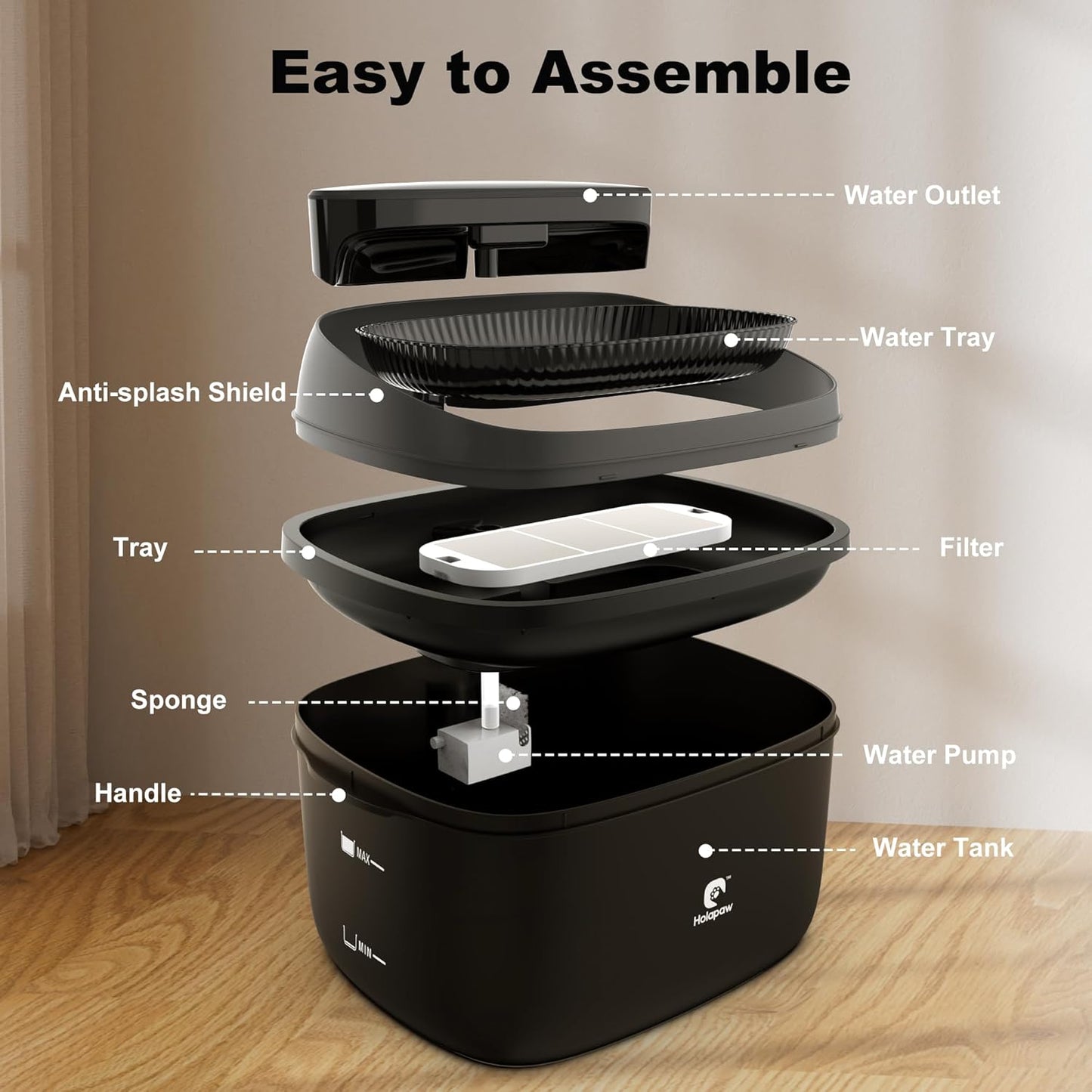 Dog Water Fountain for Large Dogs, 2.1Gal/8L Dog Water Bowl Dispenser, No Spill Automatic Pet Water Fountain for Dogs Cats Multiple Pets with Ultra Quiet Pump, 3 Filter Replacement, Black