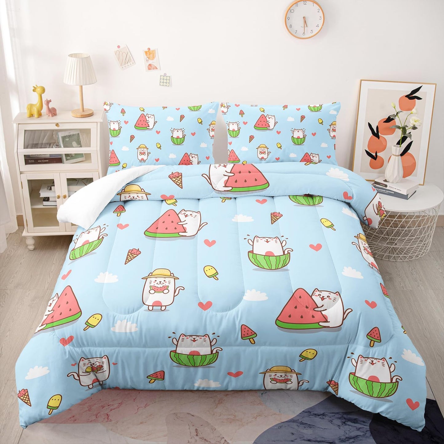 Kid Cartoon Cat Comforter 3Pcs Full Cute Kitten Ice-Cream Heart Bedding Kawaii Pet Cat Bedding Set for Teen Boy Girl Adult Cloud Watermelon Quilt Bed Decor with 1 Comforter and 2 Pillowcases