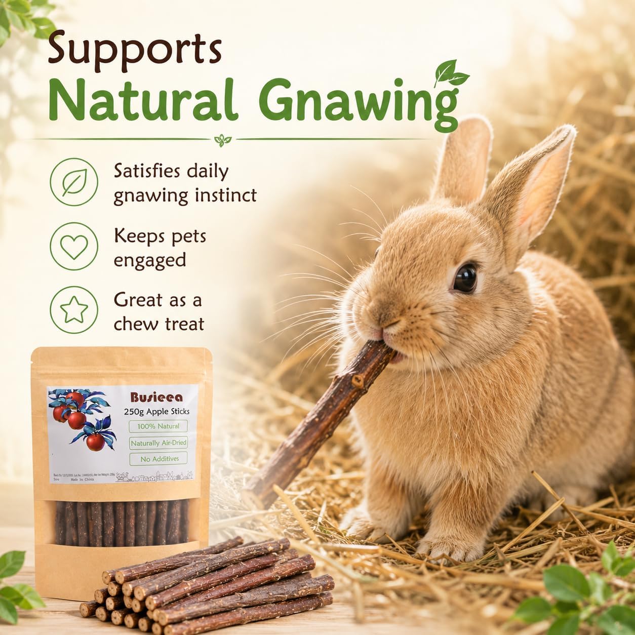 Premium Natural Apple Sticks - 100g/3.52 OZ MINI Trial Pack - Perfect for 1 Pet, Molar Chew Treats for Rabbits Chinchillas Guinea Pigs Hamsters Small Animals