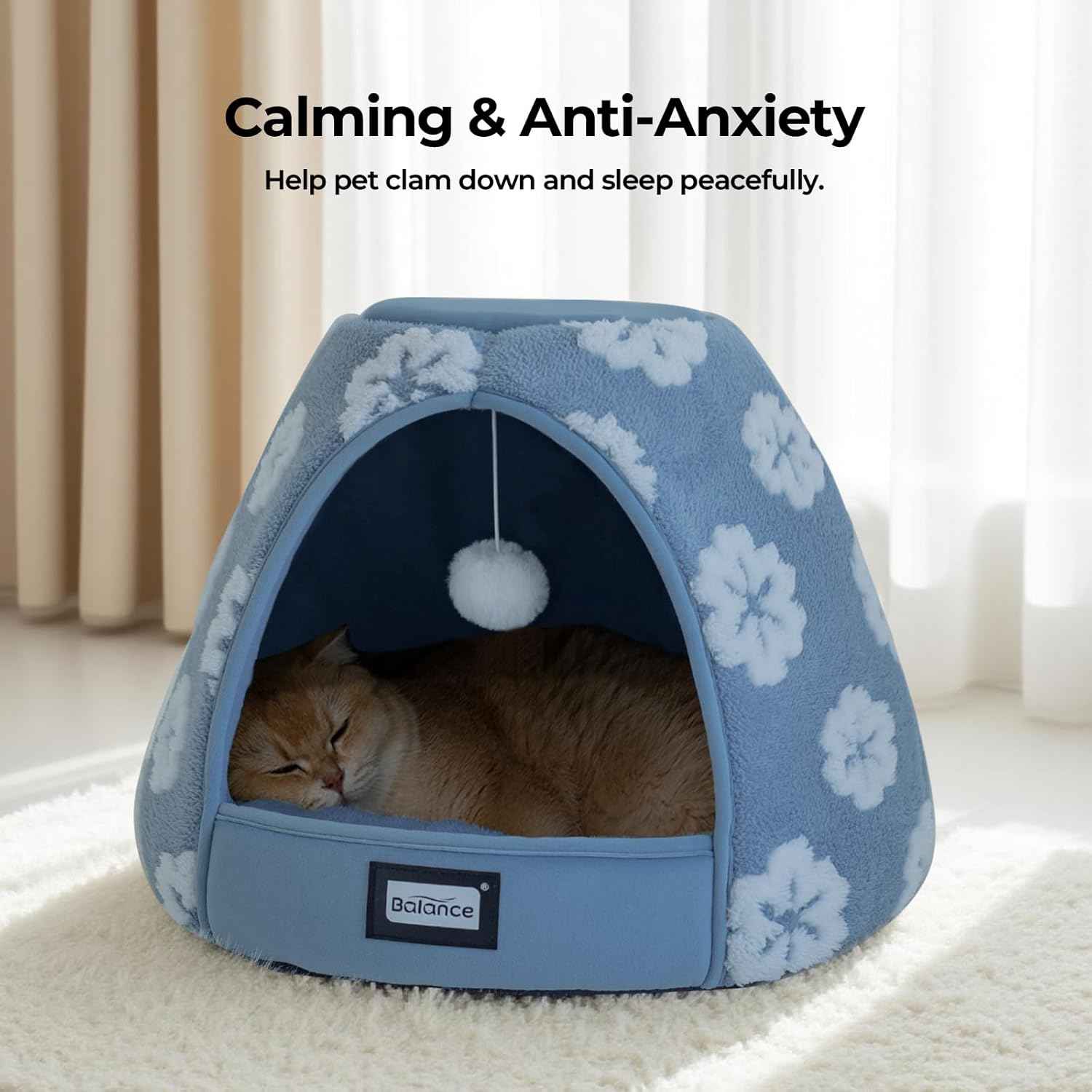 BALANCE Cat Beds for Indoor Cats, 2-in-1 Cat Bed Cave with Anti-Slip Bottom and Ultra-Soft Plush, Cozy Cats House Tent for Kittens and Small Dogs, 19 Inches, Blue