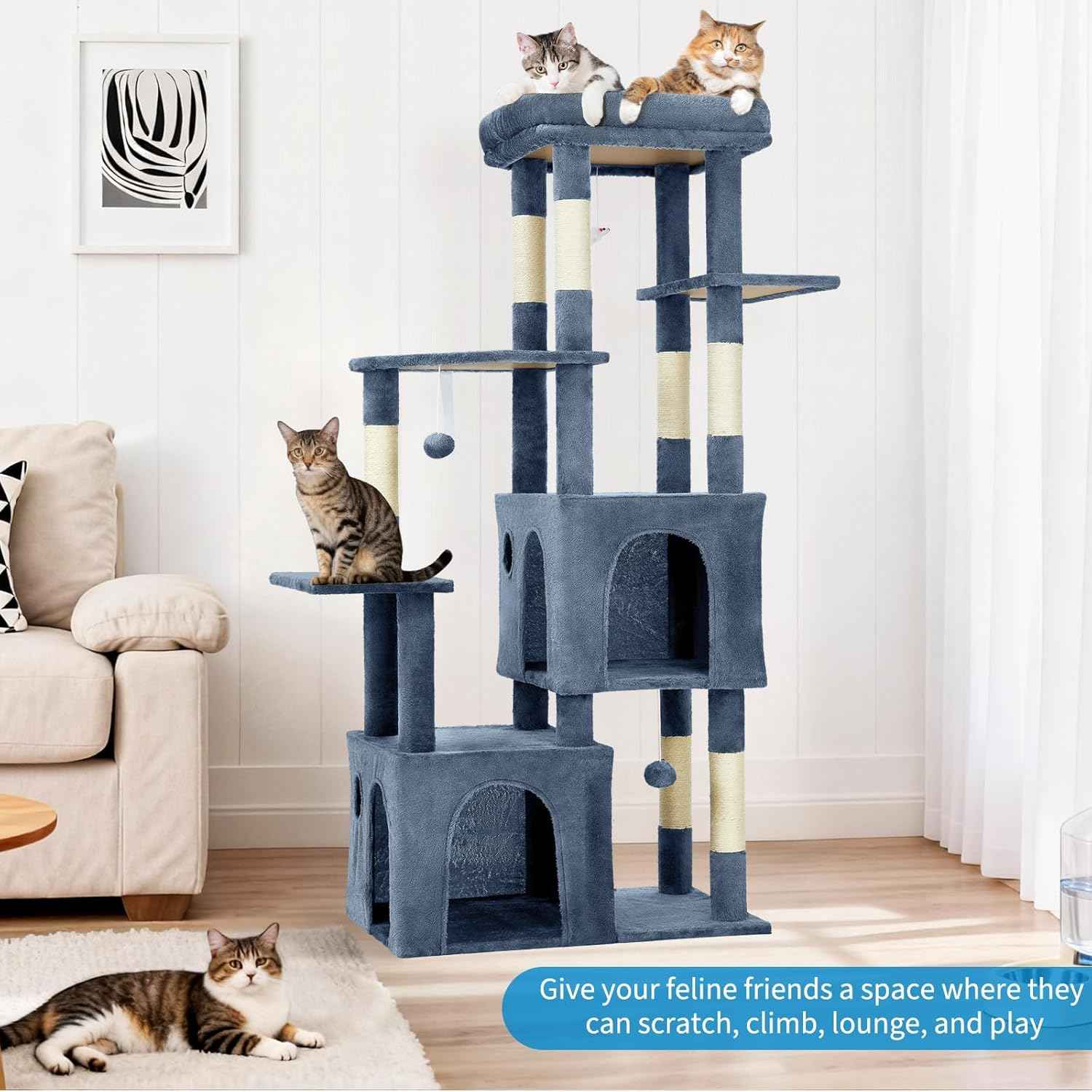 GarveeLife 61" Multi-Level Cat Tree for Indoor Cats, Heavy-Duty Tower for Large Adult & Maine Coon Cats with Oversized Perch, Dual Condos, Natural Sisal Scratching Posts & Play Toys – Light Blue