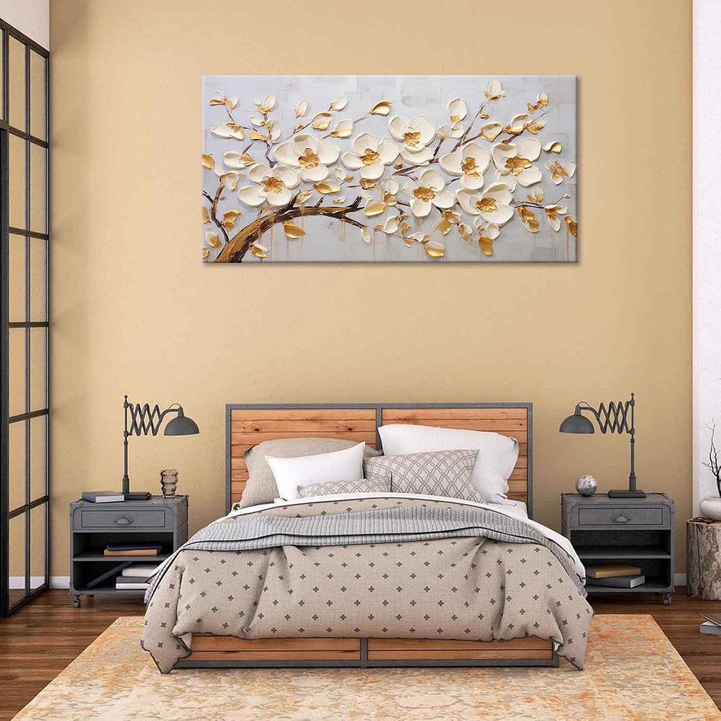 Large Original Gold White Tree Of Life Wall Art Acrylic Abstract Flower Painting Prints Modern Tree Artwork Picture Decor for Living Room Office Home Decorations 24x48inch Framed