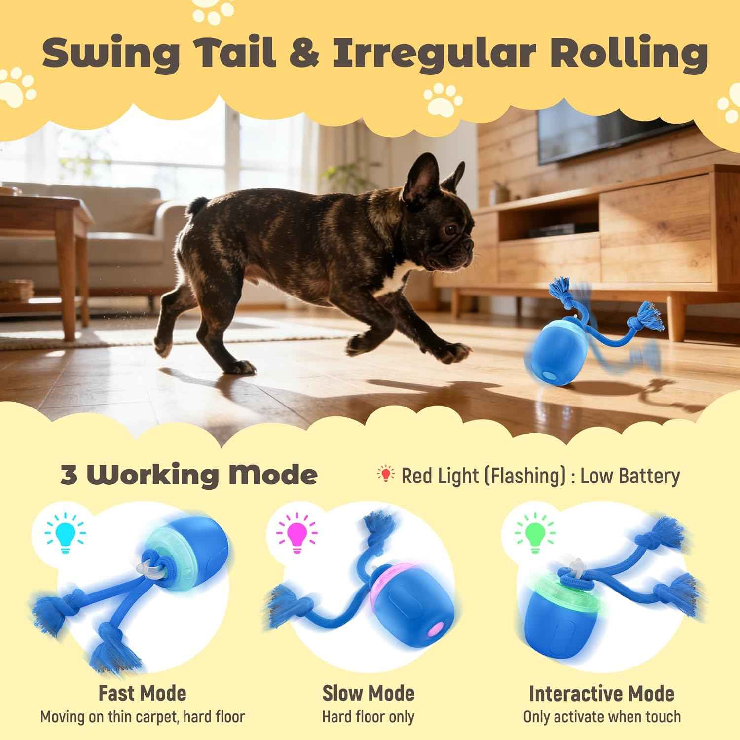 Interactive Dog Toys, Automatic Moving and Rolling Dogs Toy with Rope for Medium Large Dogs, Motion-Activated Dog Ball to Keep Them Busy(Blue)