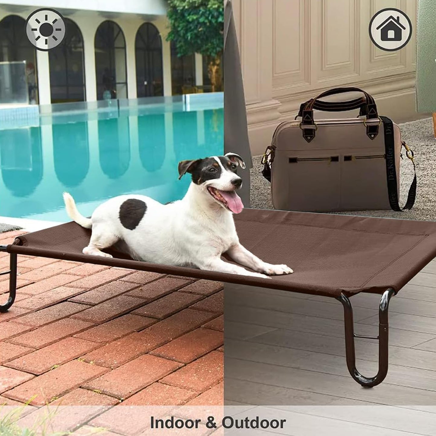 pettycare Elevated Outdoor Dog Bed - Cots Beds for Medium Dogs, Waterproof, Raised Cot, Easy to Assemble, Cooling with Teslin Mesh, Durable, Non Slip, Up to 40 lbs, Brown