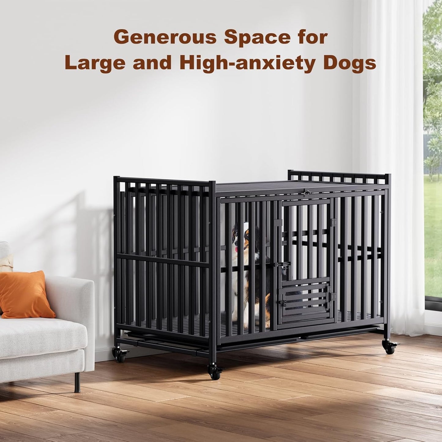 Heavy Duty Dog Crate, Reinforced Thickened Steel Frame Indestructible Kennel for Large & High Anxiety Dogs, Escape Proof Design with 3 Doors, 4 Lockable Wheels and 2 Removable Trays (48 Inch)