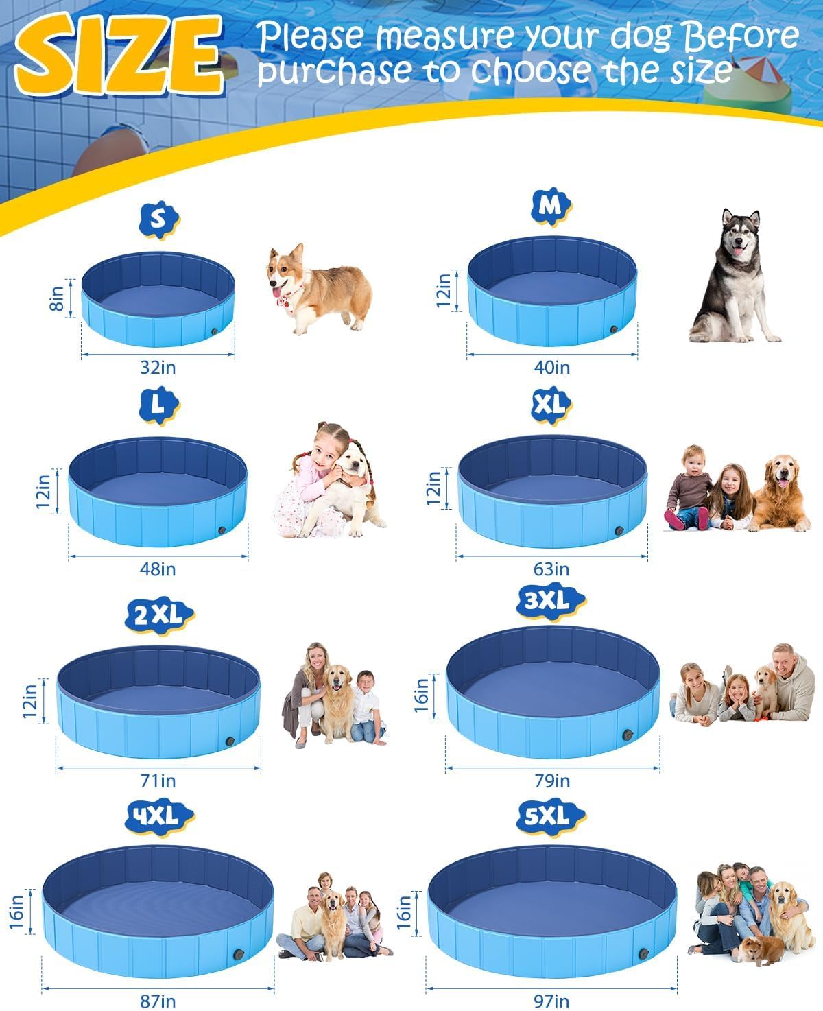 YSJILIDE Portable Dog Pool PVC Pet Swimming Pool Bathtub Collapsible Dog Pool, Hard Plastic Pool for Pets to Swim and Bath (XXL-71"x 12" Blue)