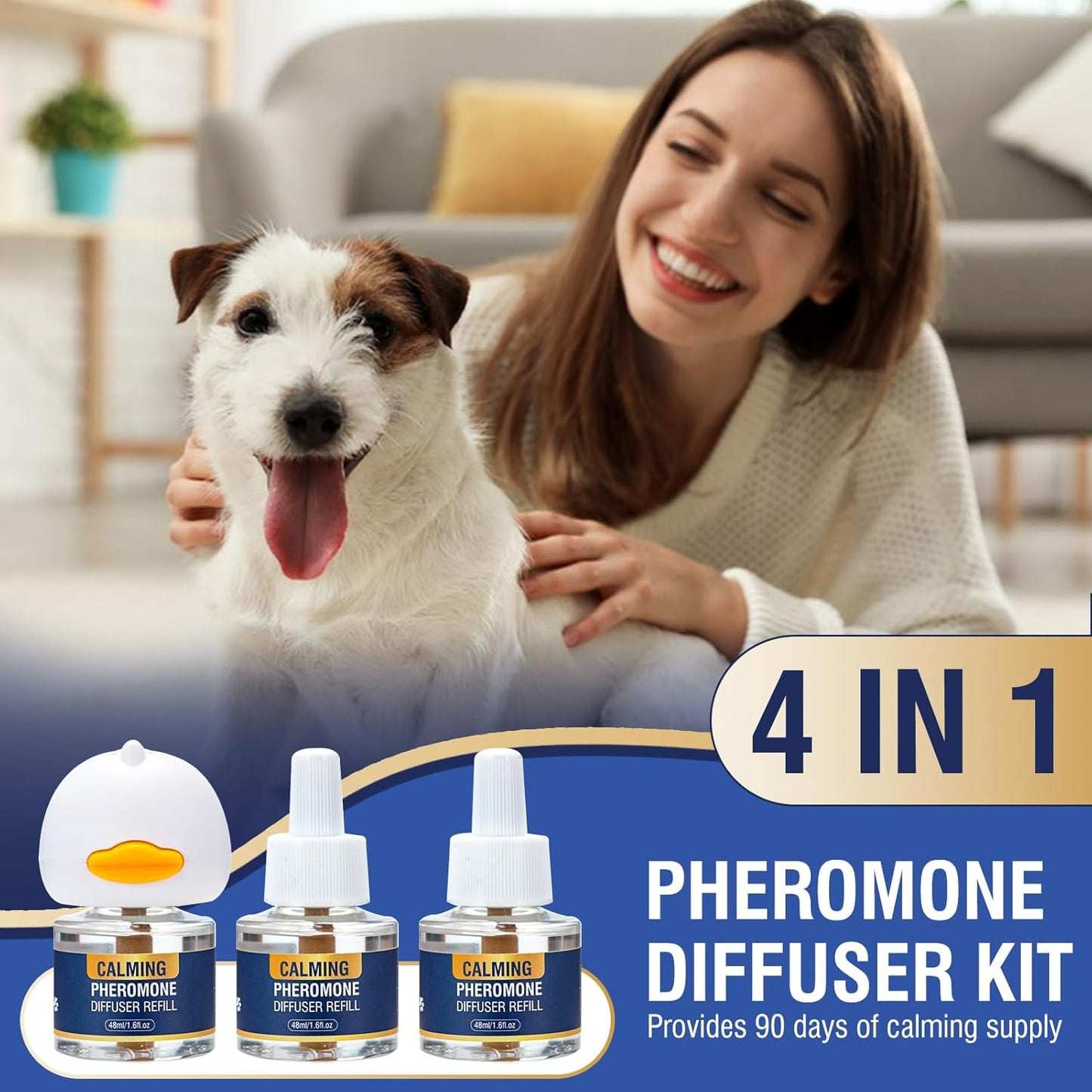 Calming Diffuser 4 in 1 Dog Pheromone Appeasing Pet Pheromones Diffuser to Calm Kit (Plug in+ 3 Pack 48ml Refill) for Anxiety Relief Reduce Barking Aggression Fighting Stress