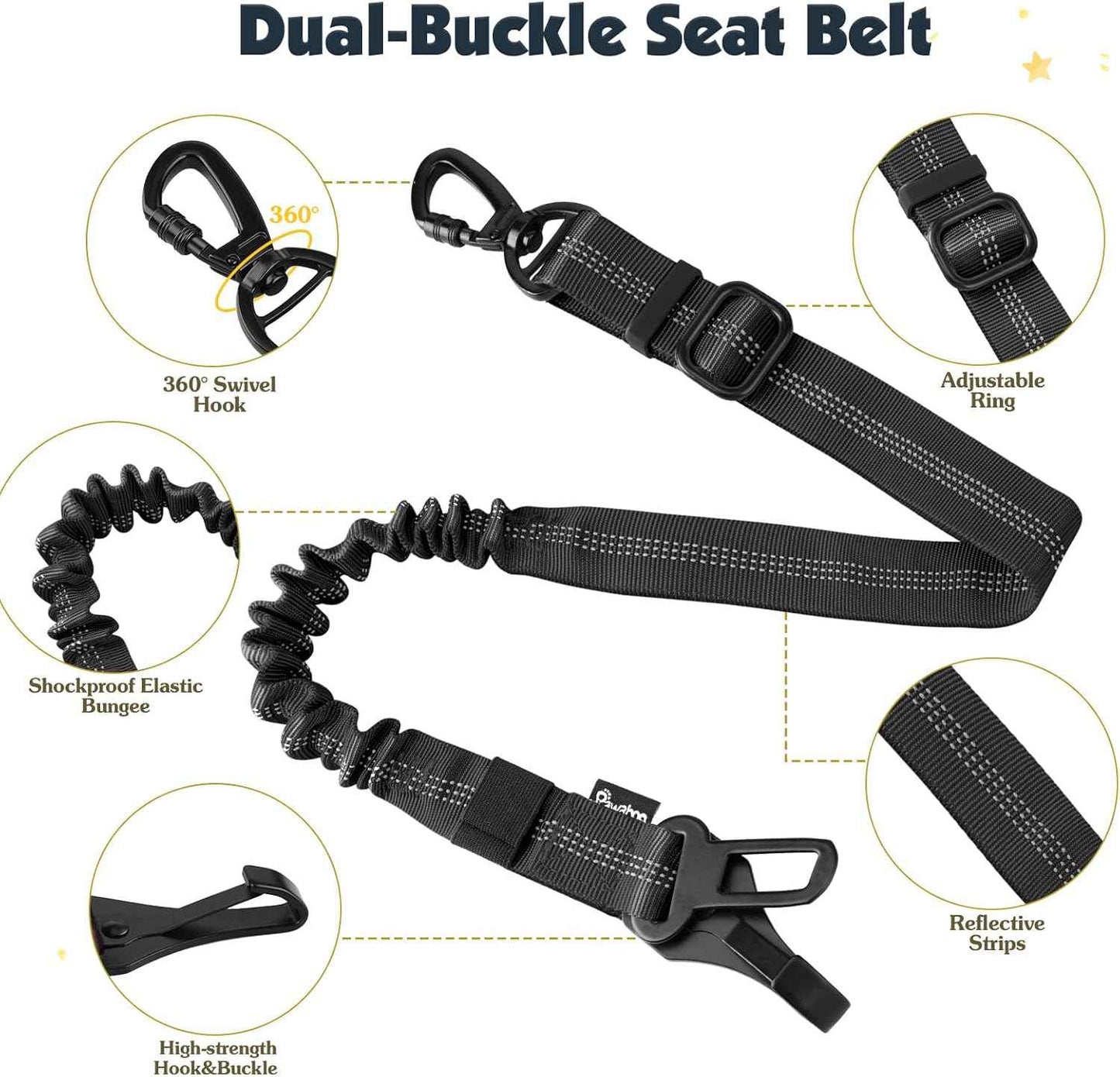 Pawaboo Dog Seat Belt Harness for Car, Dog Car Harness Seatbelt with Double Clips, Adjustable Breathable Pet Vest & Dogs Safety Tether with Elastic Bungee for Small Medium Large Pet, L, Black