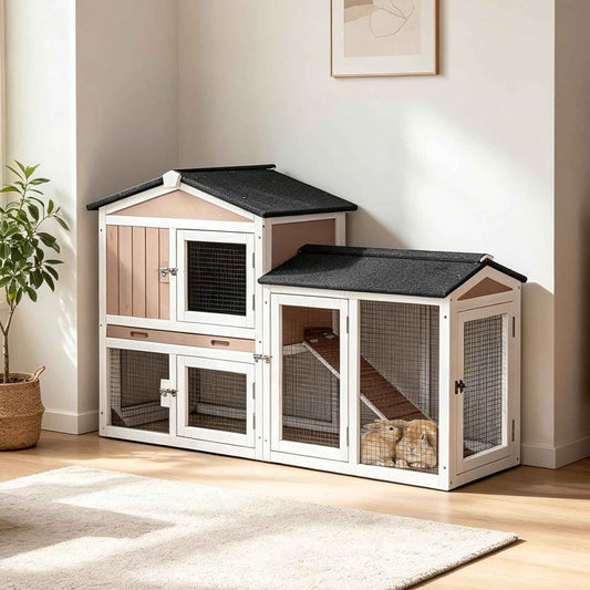 Rabbit Hutch Indoor Outdoor Wooden Bunny Cage with Chew-Proof Ramp, 2-Story Rabbit House with Pull Out Tray, Small Animal Cage for Chickens, Guinea Pigs (Brown)