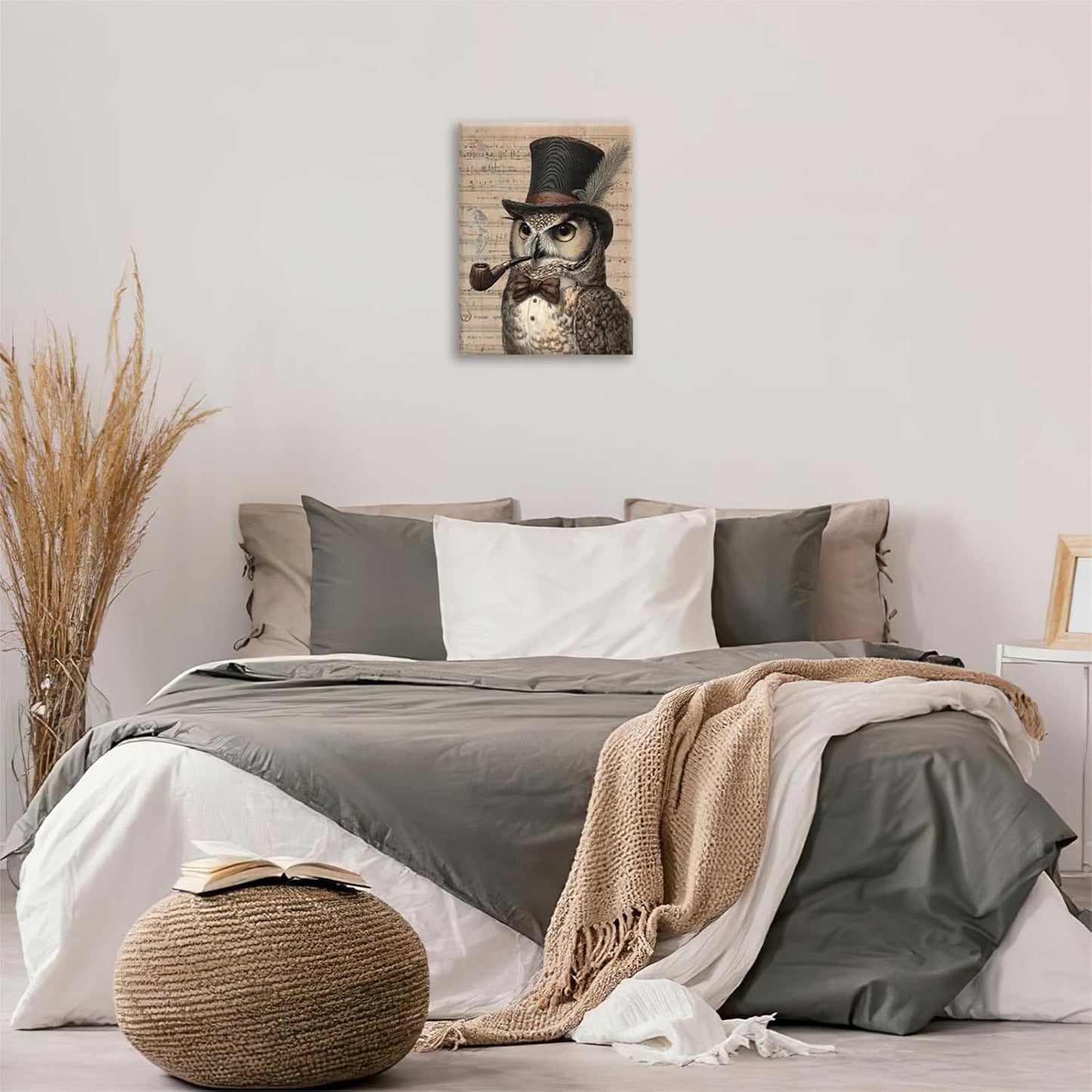 Owl Pictures Wall Art, Steampunk Owl Canvas Wall Decor, Rustic Framed Painting, Natural Landscape Artwork for Bathroom Living Room Bedroom 16L'' × 12W''