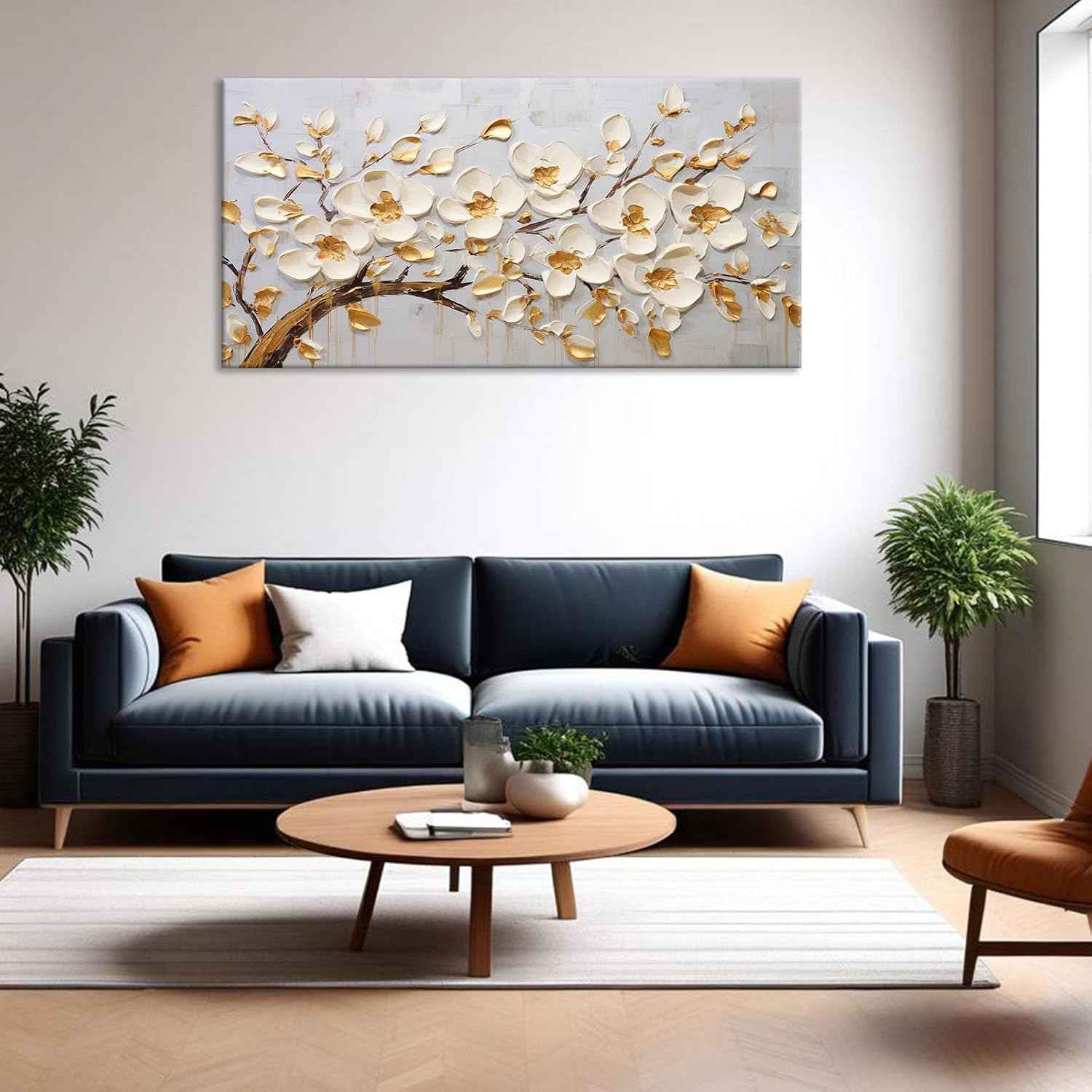 Large Original Gold White Tree Of Life Wall Art Acrylic Abstract Flower Painting Prints Modern Tree Artwork Picture Decor for Living Room Office Home Decorations 24x48inch Framed