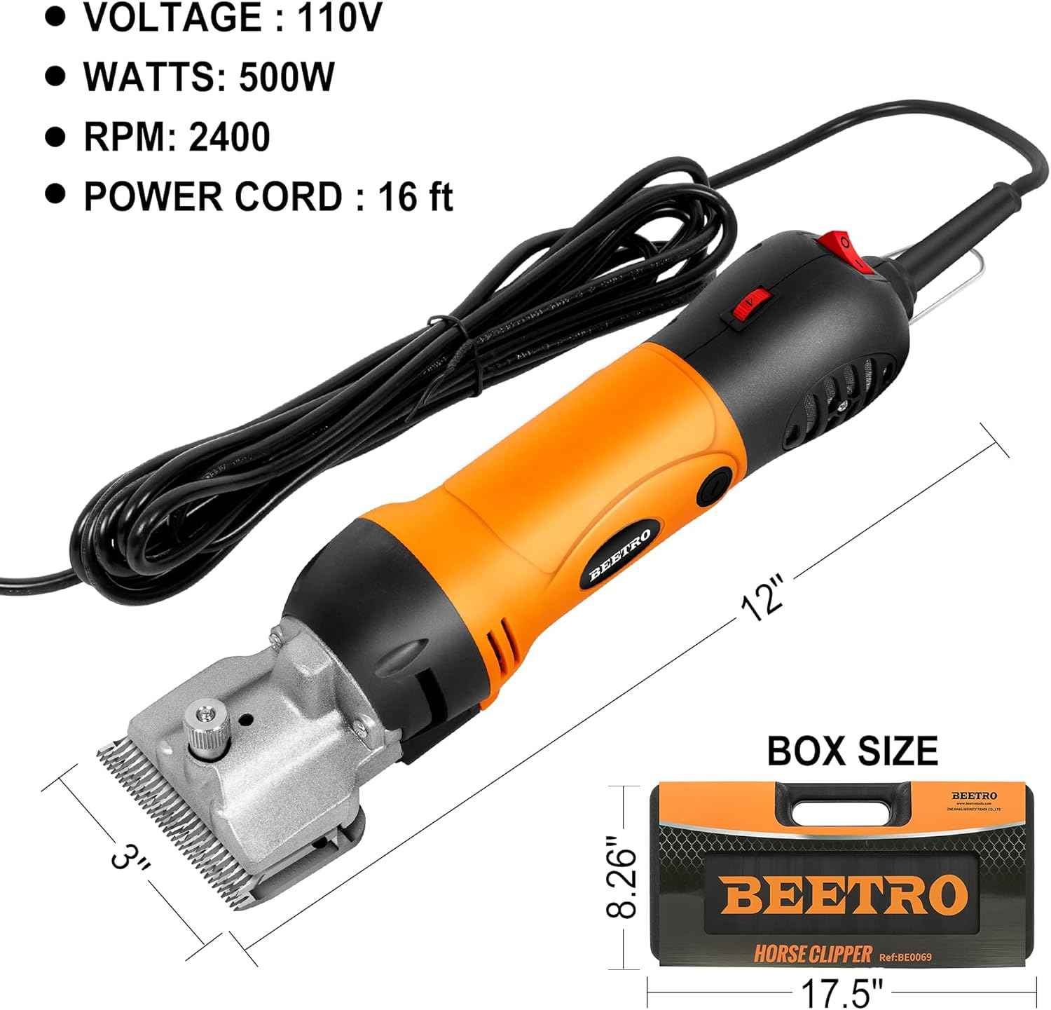 BEETRO 500W Electric Professional Horse Shears, 6 Speeds Animal Grooming Clippers for Horse Equine Goat Pony Cattle, with an Extra Set of Shearing Blades