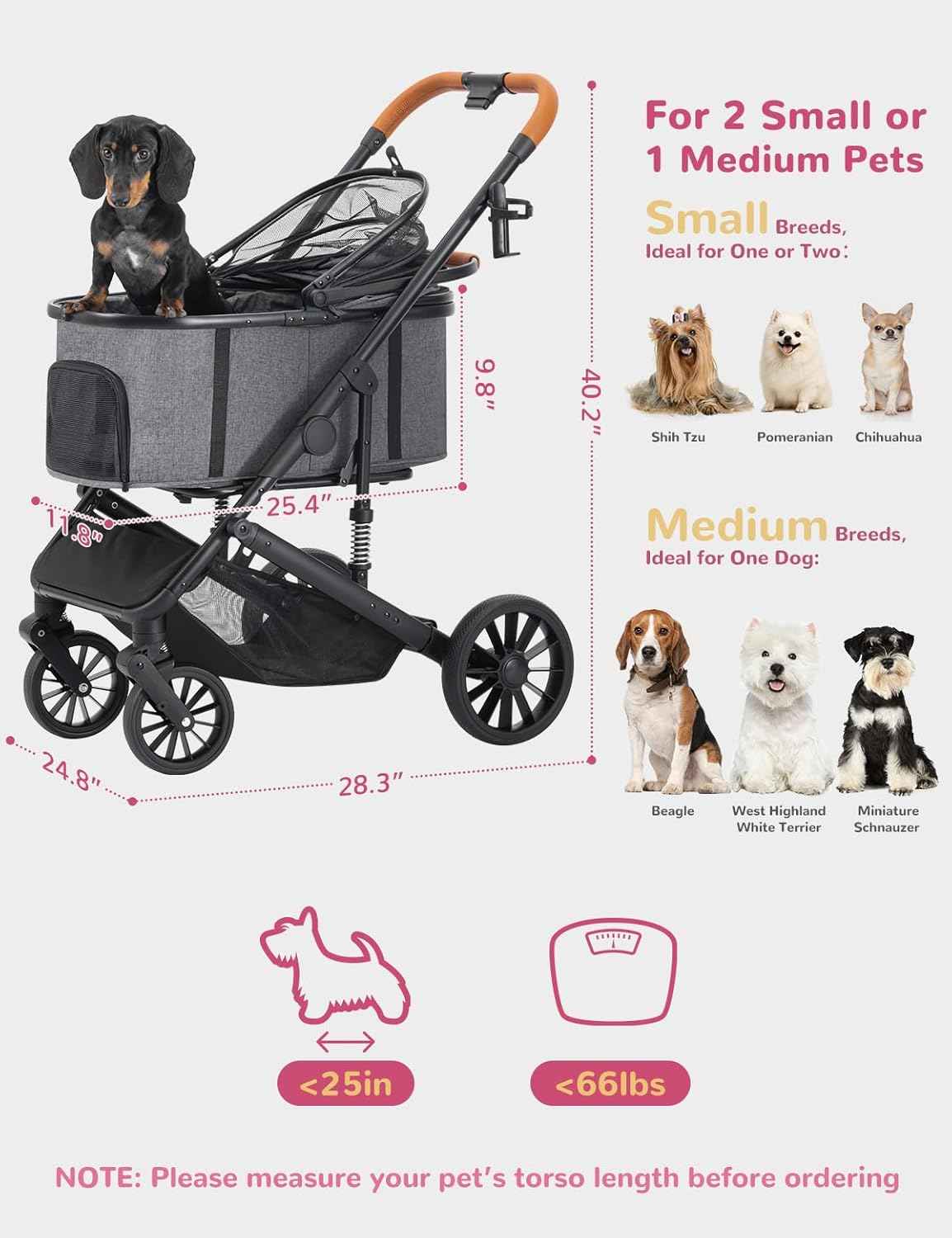 Dog Stroller for Small Medium Dogs Up to 60lbs, 4 Wheels Folding Pet Stroller with Detachable Carrier, Pet Travel Carrier for 2 Dogs & Cats, Storage Basket, Breathable, Grey