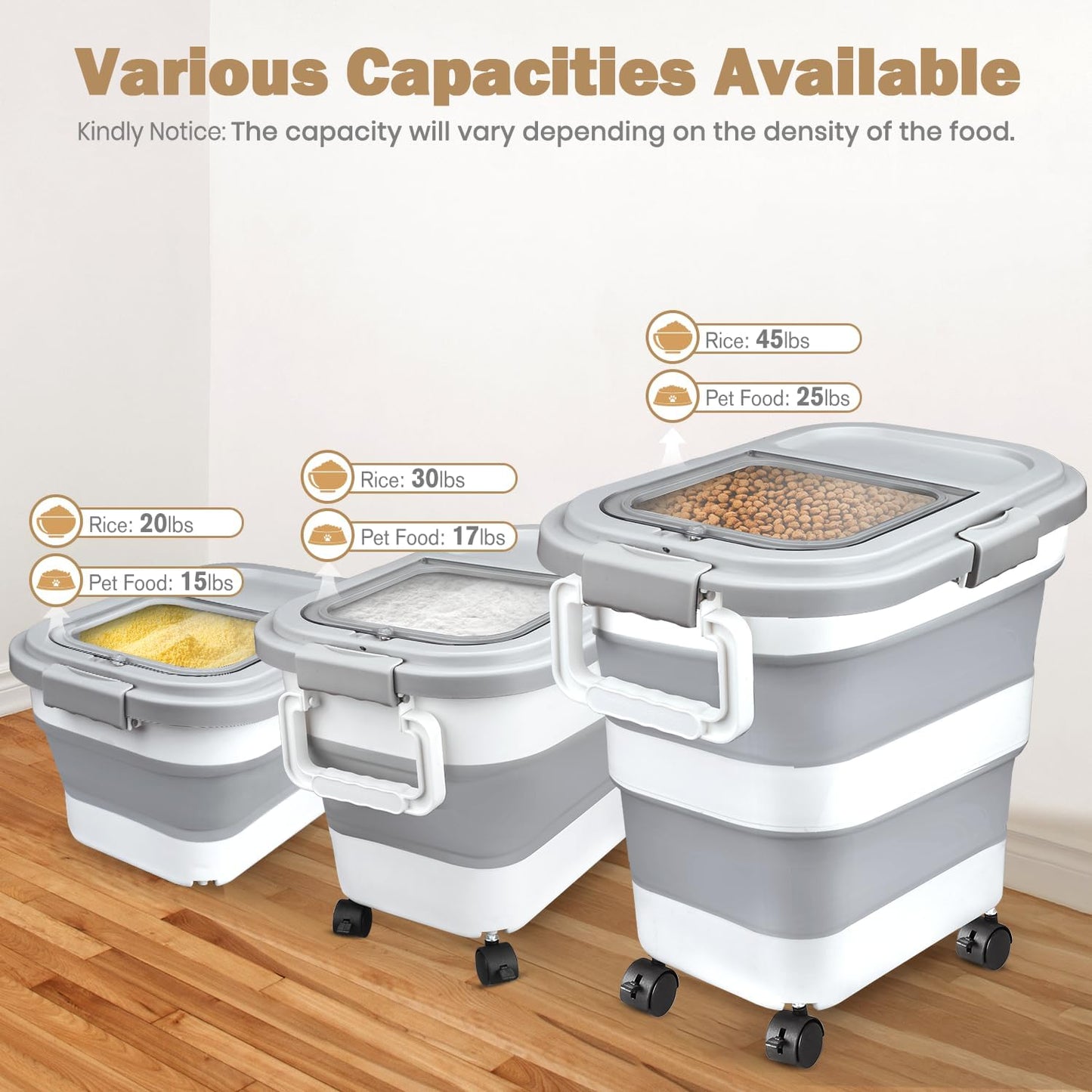 Rice Storage Container, Collapsible Airtight Food Storage Containers 10-40 Lbs, Rice Dispenser Bin with Cup and Scoop for Flour Cereal Pasta Grain, Cat Bird Pet Dog Food Storage Container