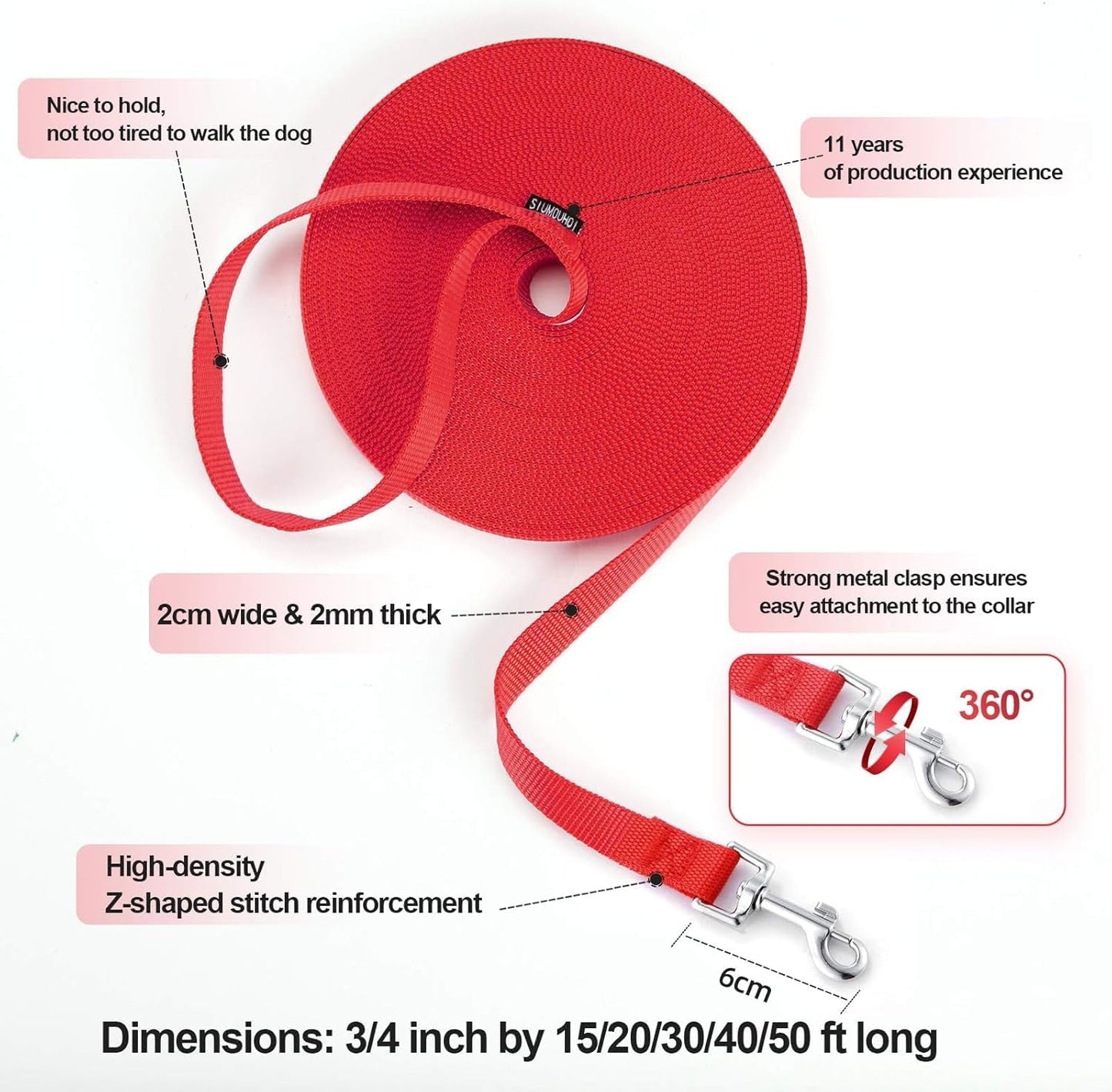 Dog/Puppy Obedience Recall Training Agility Lead - 15ft 20ft 30ft 40ft 50ft Training Leash - Great for Play, Camping, or Backyard (Pink, 15 Feet)