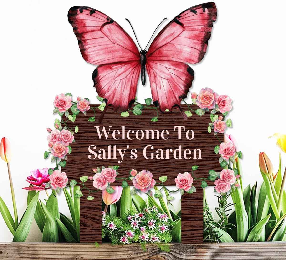 Personalized Butterfly Metal Garden Sign with Stakes, Custom Pink Rose Flowers Garden Stake Yard Signs for Gardener Mom Nana Outdoor Decor Lawn Art