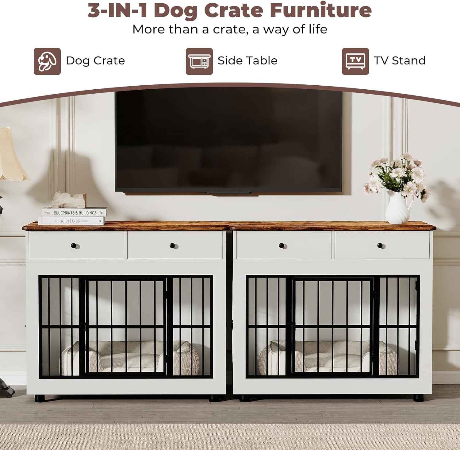 Farmhouse Dog Crate Furniture- 40 inch Dog Kennel with Drawers-Heavy Duty End Table Wooden Pet Crate, Decorative Dog House Indoor for Small Medium Large Dog, White