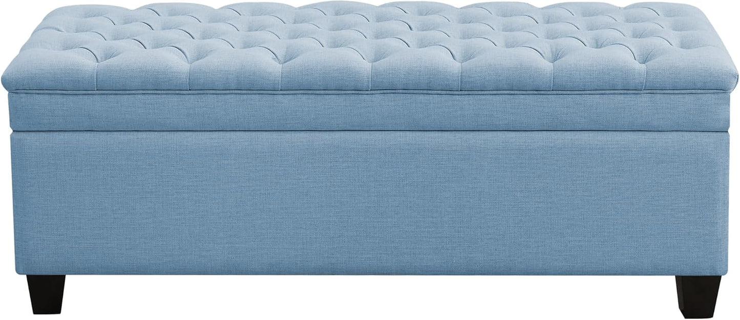 51" Fabric Storage Ottoman Bench, Upholstered Rectangle End of Bed Storage Ottoman Tufted Living Room Bedroom Bench with Safety Hinge, Solid Wood Legs, Loads 500 lb(Light Blue)