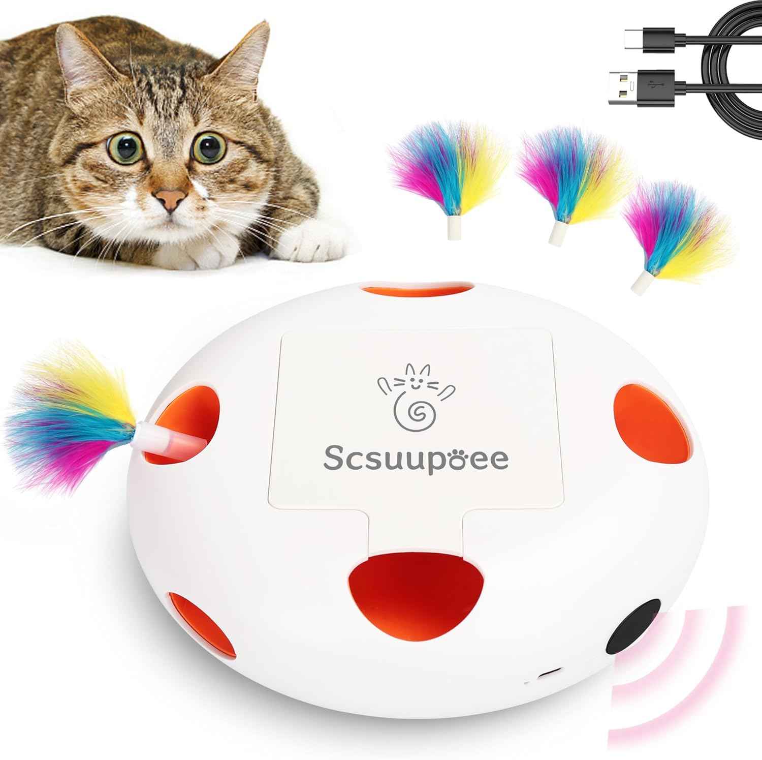 Cat Toys, Rechargeable Interactive Cat Toy, Smart Sensor Pop-Up Feather Toy with 7 Holes, USB Powered Automatic Kitten Toy for Indoor Cats, White