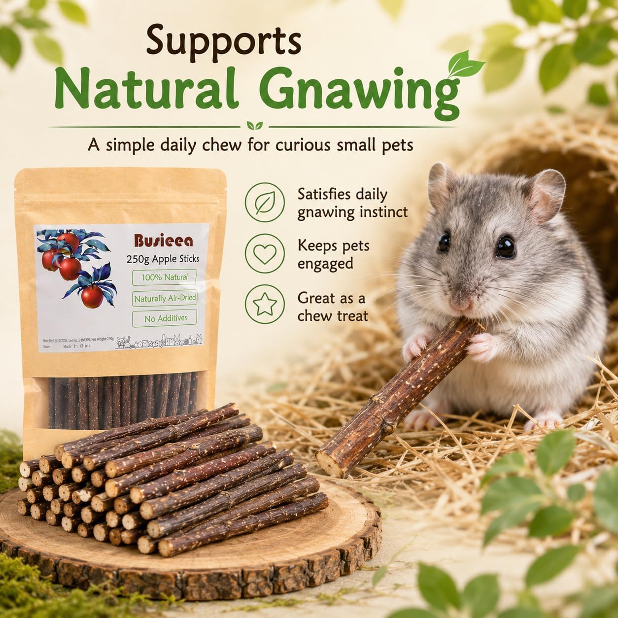 Premium Natural Apple Sticks - 100g/3.52 OZ MINI Trial Pack - Perfect for 1 Pet, Molar Chew Treats for Rabbits Chinchillas Guinea Pigs Hamsters Small Animals