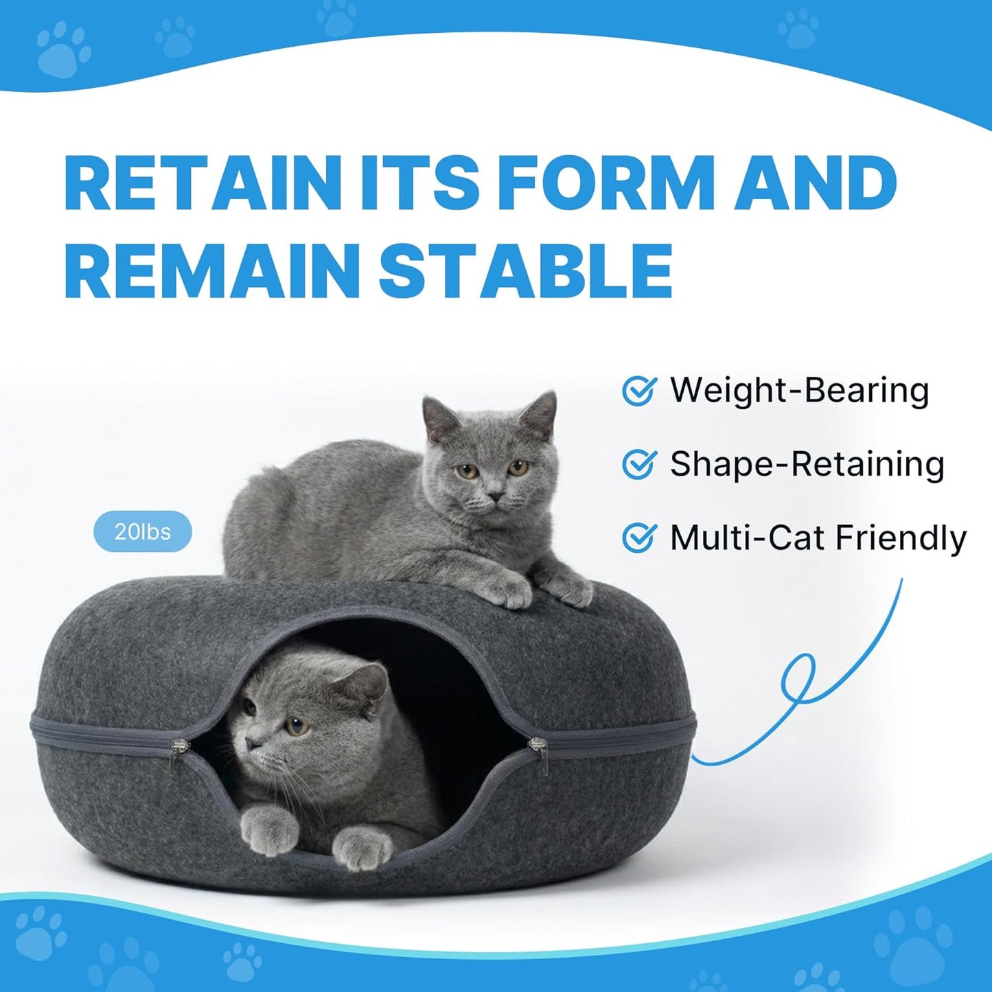 2-Level Detachable Large Cat Tunnel Bed for Indoor Cats, Scratch-Resistant Felt Donut Cat Cave, Supports Up to 30 lbs, Peekaboo Cat Tube (Dark Grey, L 24 x 24 x 22 in)