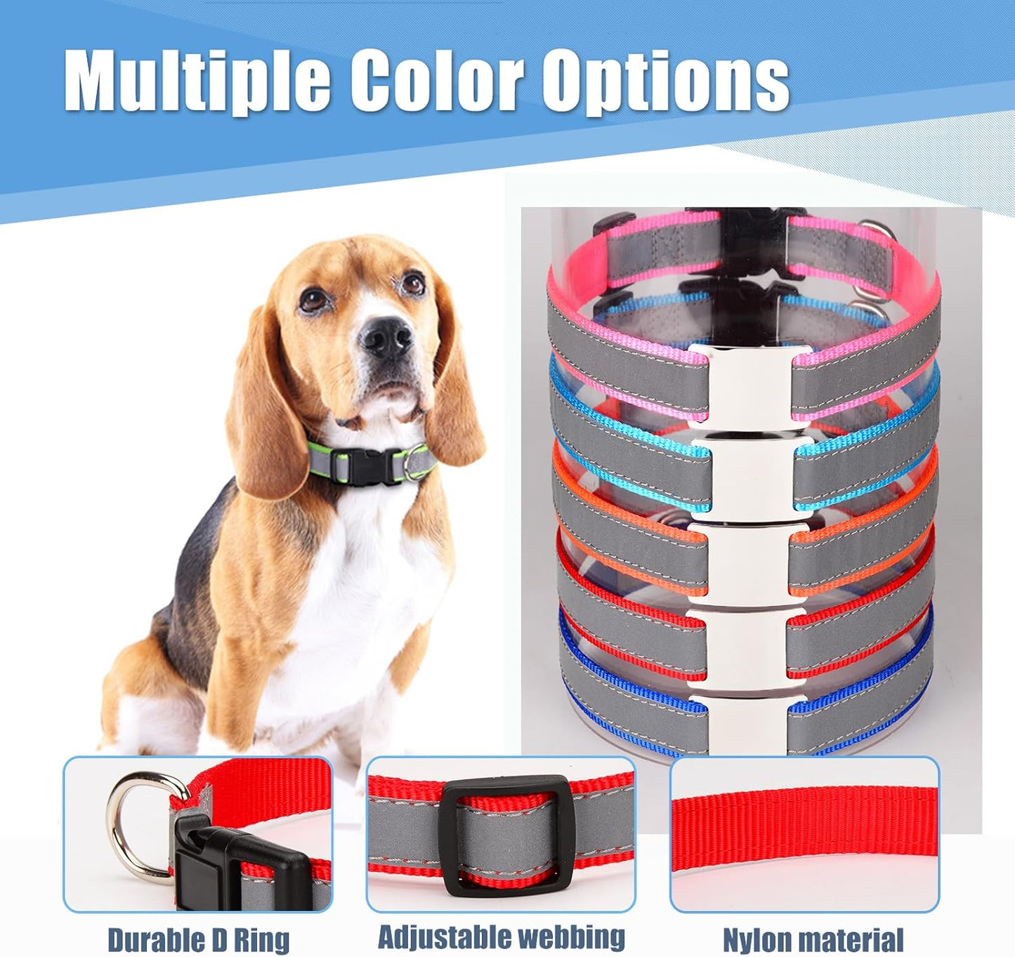 Reflective Personalized Dog Collar with Name Plate,Adjustable Custom Engraved Pet Name and Phone Number Collar,Silent Slide On Stainless Steel Pet Tag for Dogs,Sky Blue