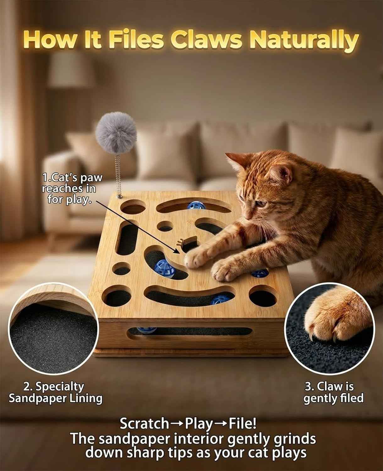 Cat Nail File Scratcher Enrichment Box, Thickened Bamboo Wooden Claw Saver Box for Cats, Scratch Puzzle Box with Sandpaper Inside