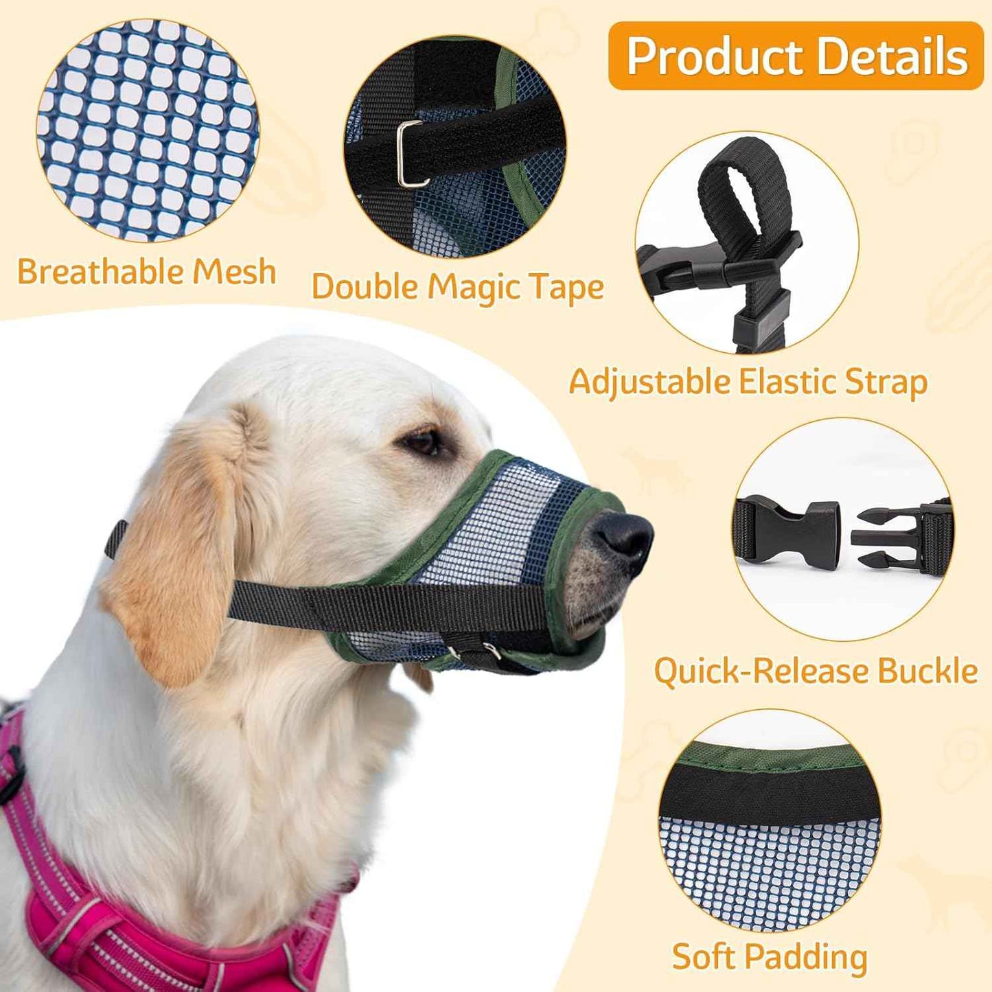 Coppthinktu Dog Muzzle - Soft Mesh Mouth Guard for Small, Medium, Large Dogs - Breathable, Adjustable Cover to Prevent Biting, Barking - Allows Panting, Drinking