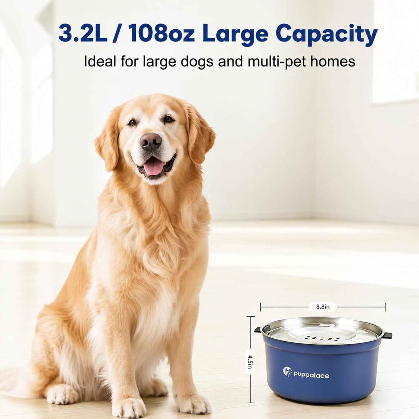108oz No Spill Stainless Steel Dog Water Bowl- Upgrade for Messy Drinkers, Splash Proof Design, Easy to Clean, Non-Slip Base, Large Capacity for Dogs and Cats (Blue)