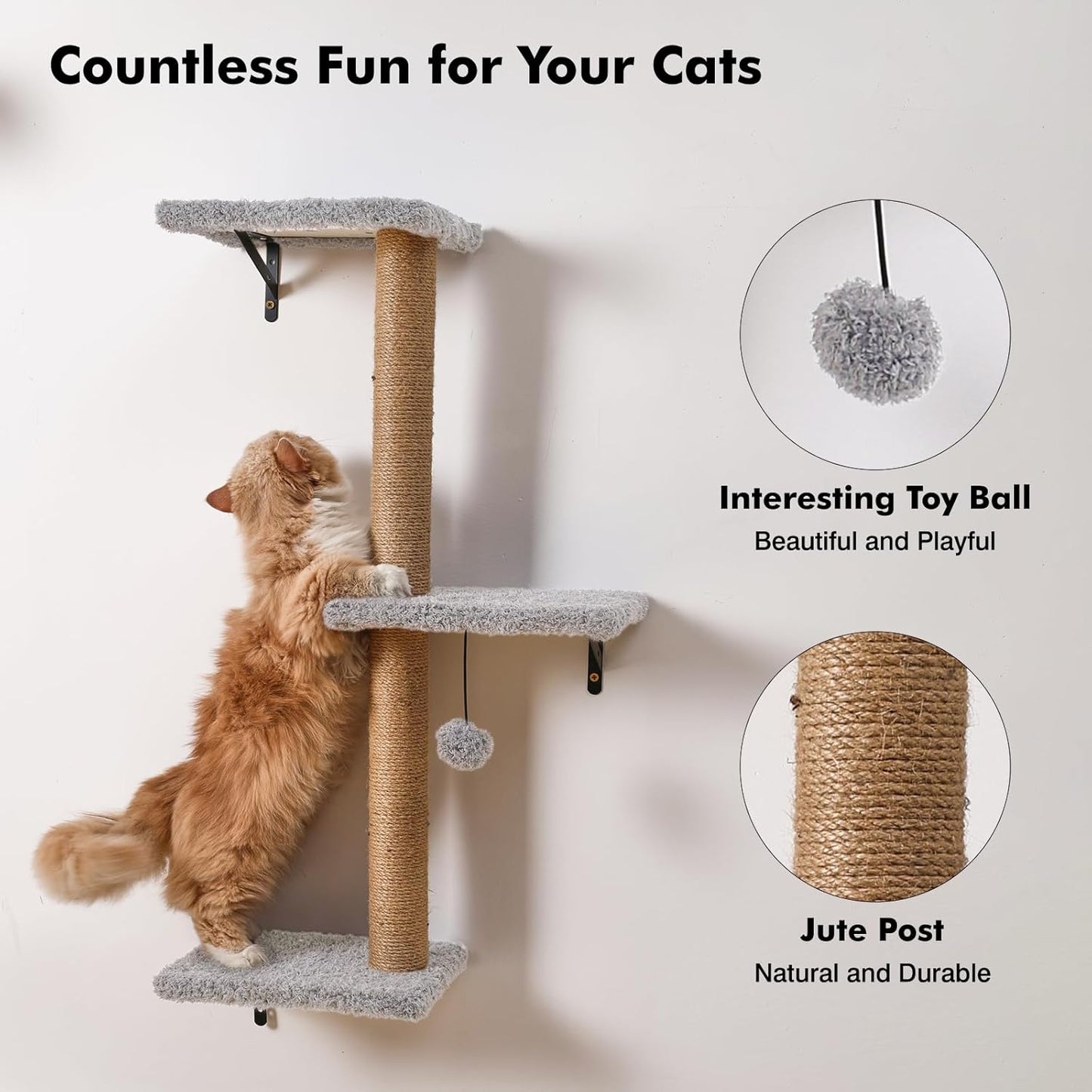 5-in-1 Cat Wall Shelves, Multi-Level Cat Climbing Furniture, Perch & Lounge for Indoor Cats, Space-Saving Wall Mounted Shelves for Play & Rest (Natural Wood) - Light Gray