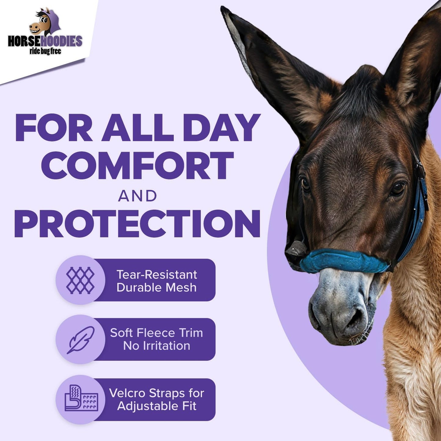 Donkey Fly Mask with Long Ears - (Blue) Half Hoodie for Standard Donkey Fly Mask with Ears Protection from Insects and Bugs, Soft Mesh Fabric with Adjustable Fastener, Flymask for Donkeys Made in USA