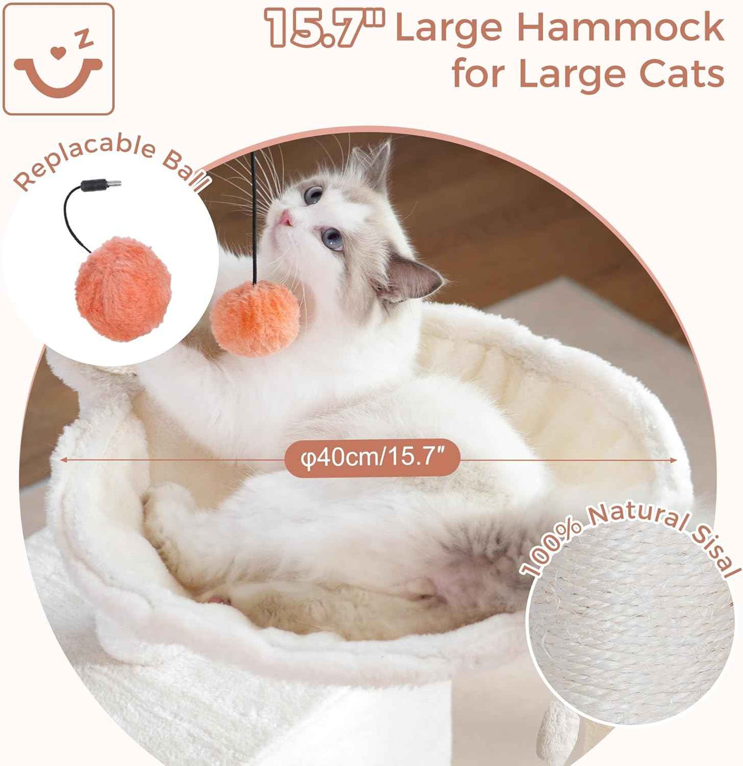 Flower Cat Tree 34" Scratching Post Small Cat Tower for Large Cats,Featuring with 15.7”Large Hammock, Removable Top Bed and Wide Condo for Indoor Cats-Beige