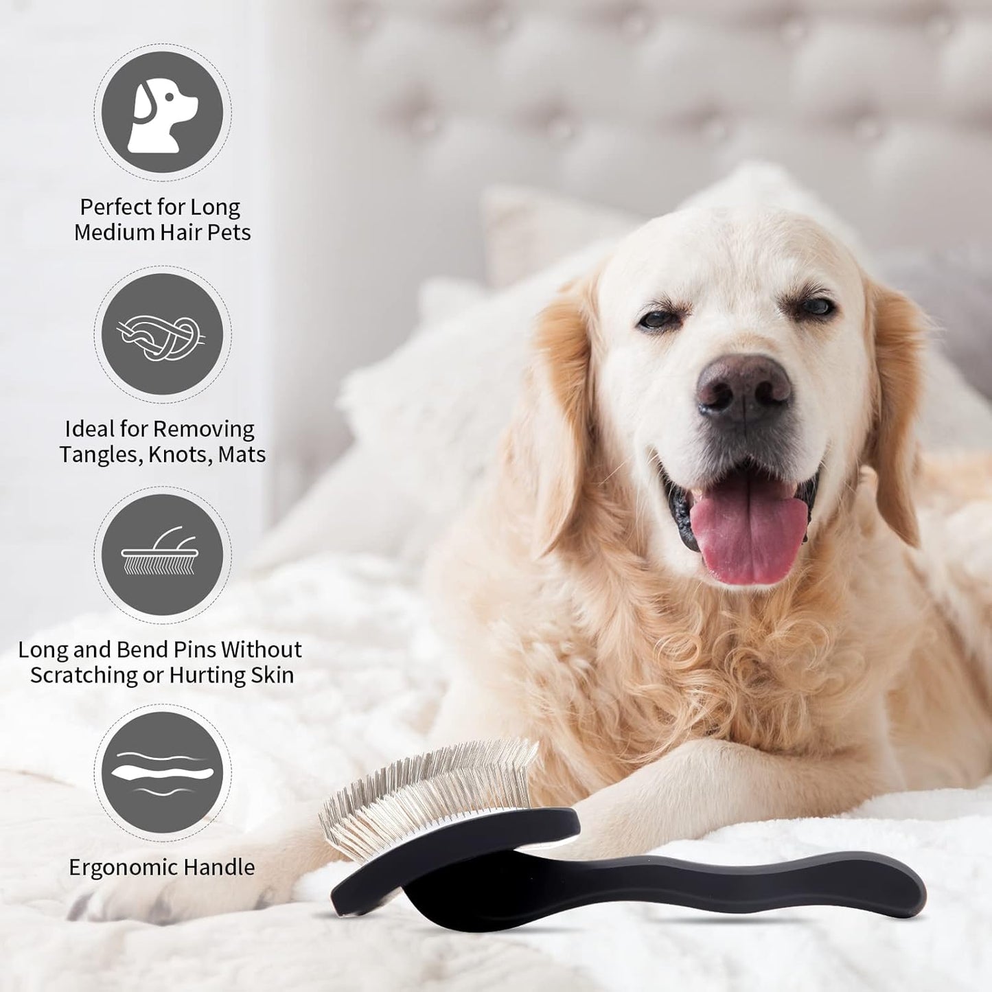 Dog Slicker Brush for Goldendoodles, Poodles & Long Haired Dogs - Long Pin Doodle Brush & Pet Comb Kit Removes Tangles Loose & Knots, Professional Grooming Tools with Wooden Handle, Black