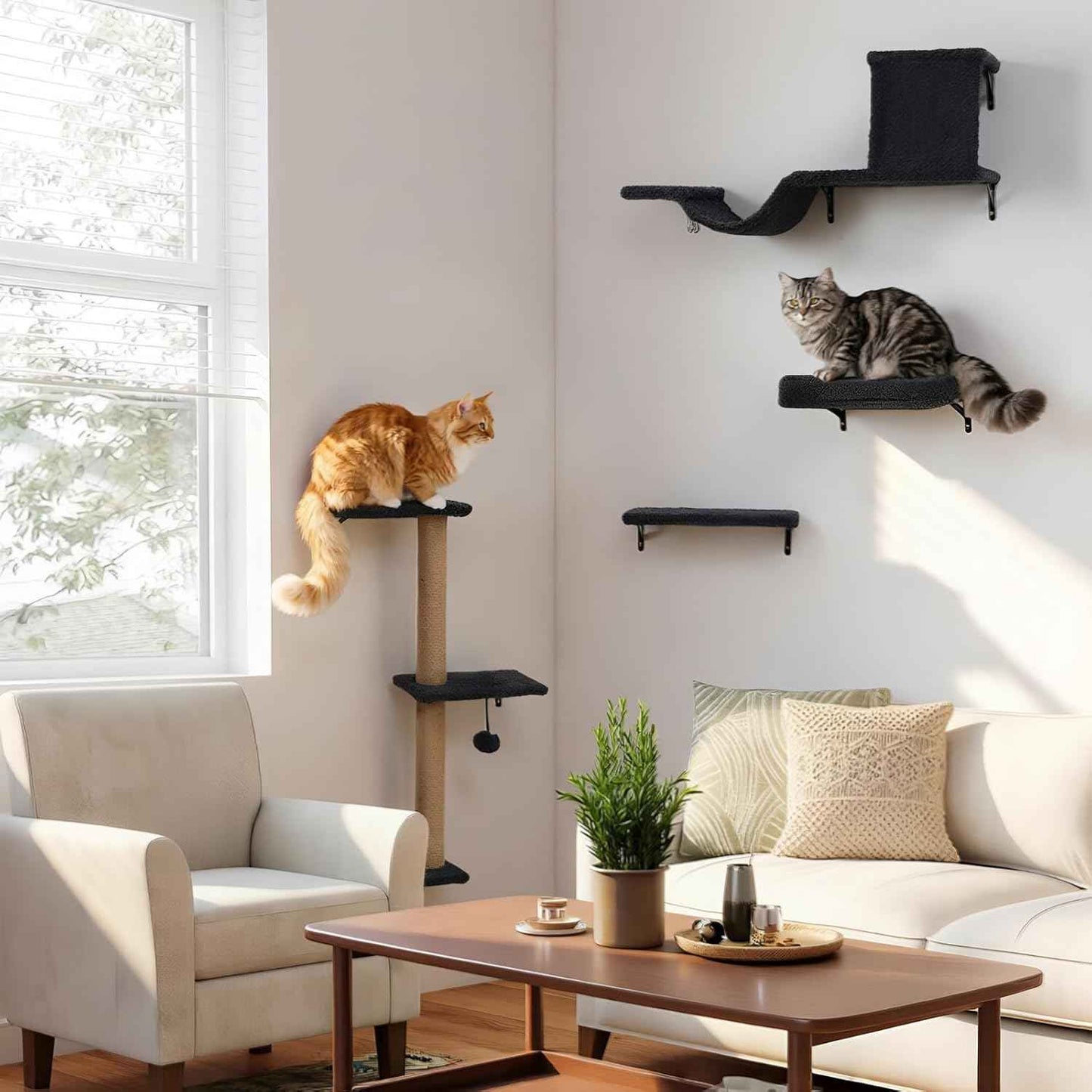 5-in-1 Cat Wall Shelves for Indoor Cats, Wall Mounted Cat Furniture with Bed, Cave, Scratching Post & Perch, Multi-Level Cat Climbing Wall, Space Saving Floating Cat Shelves (Natural Wood Darkgrey)